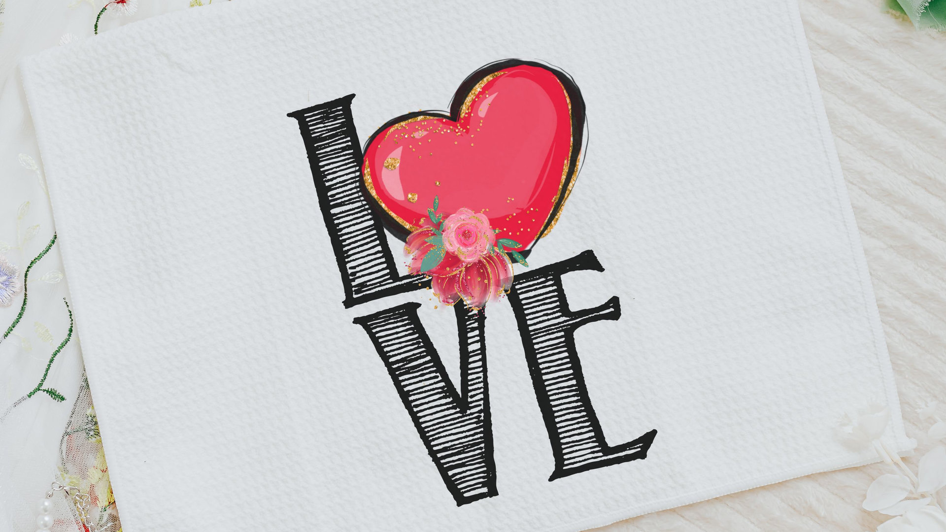 love kitchen towels for couples, Valentines Day kitchen decor, red heart kitchen hand towels, Valentines Day gifts for girlfriend, moving in