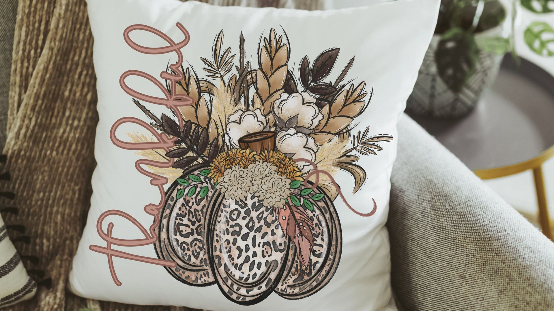 thankful pumpkin throw pillow covers 18x18 fall decor for home, leopard pumpkin kitchen towel, new home gift set, autumn decor pillow, best