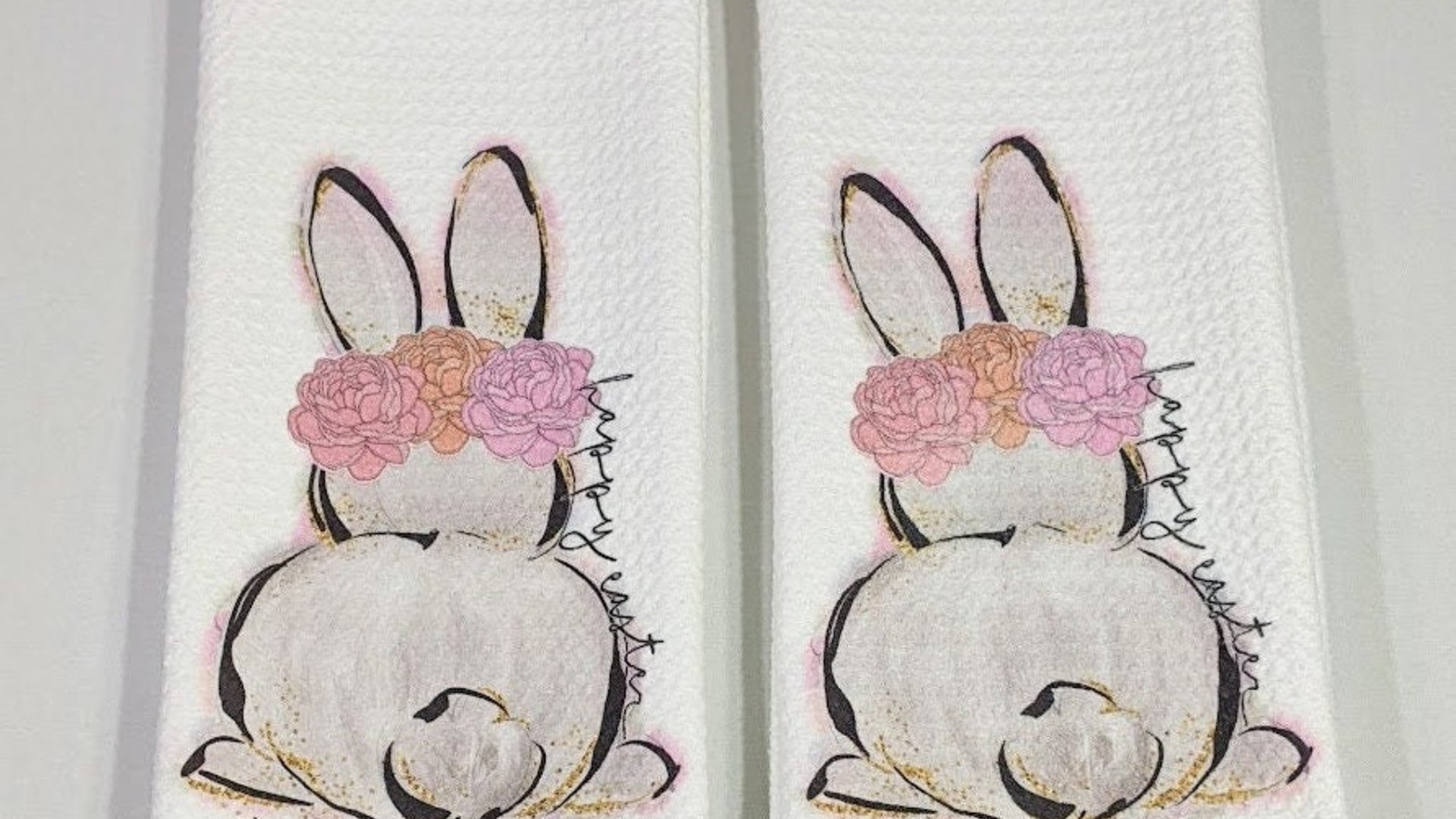 happy Easter kitchen towels for friends, pink coquette Easter bunny floral kitchen decor, Easter basket stuffers for women, whimsical Easter