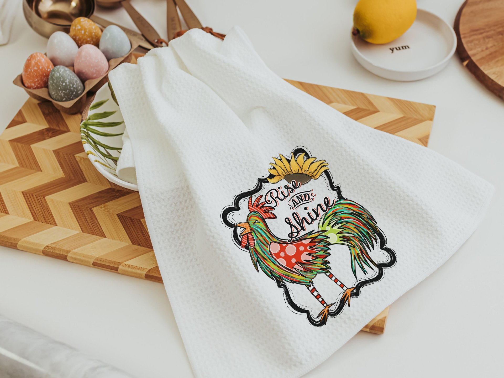 rise and shine rooster kitchen towels, eclectic home decor, sunflower kitchen hand towels, farm kitchen decor, farmhouse dish towels for