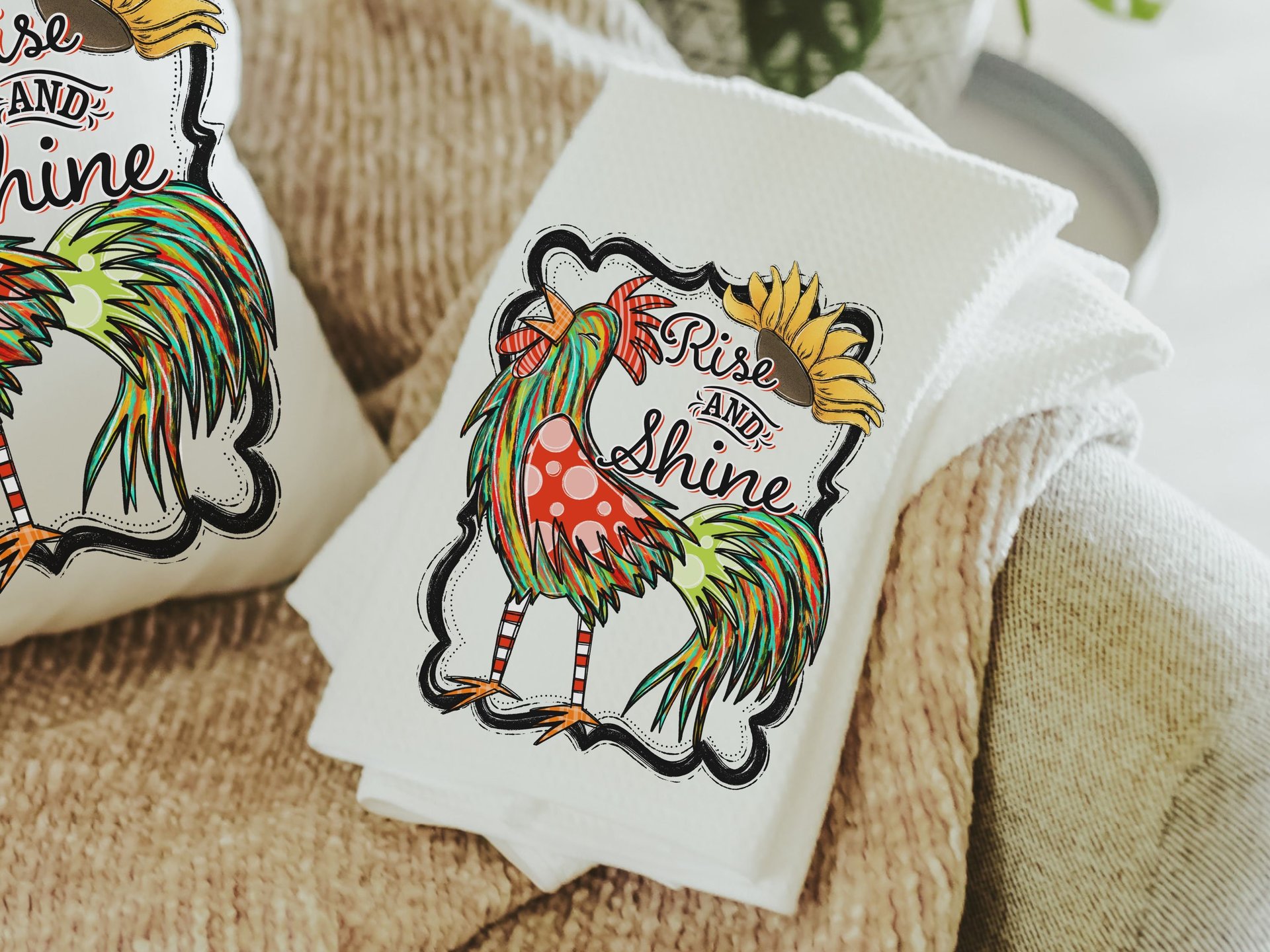 rise and shine rooster kitchen towels, eclectic home decor, sunflower kitchen hand towels, farm kitchen decor, farmhouse dish towels for
