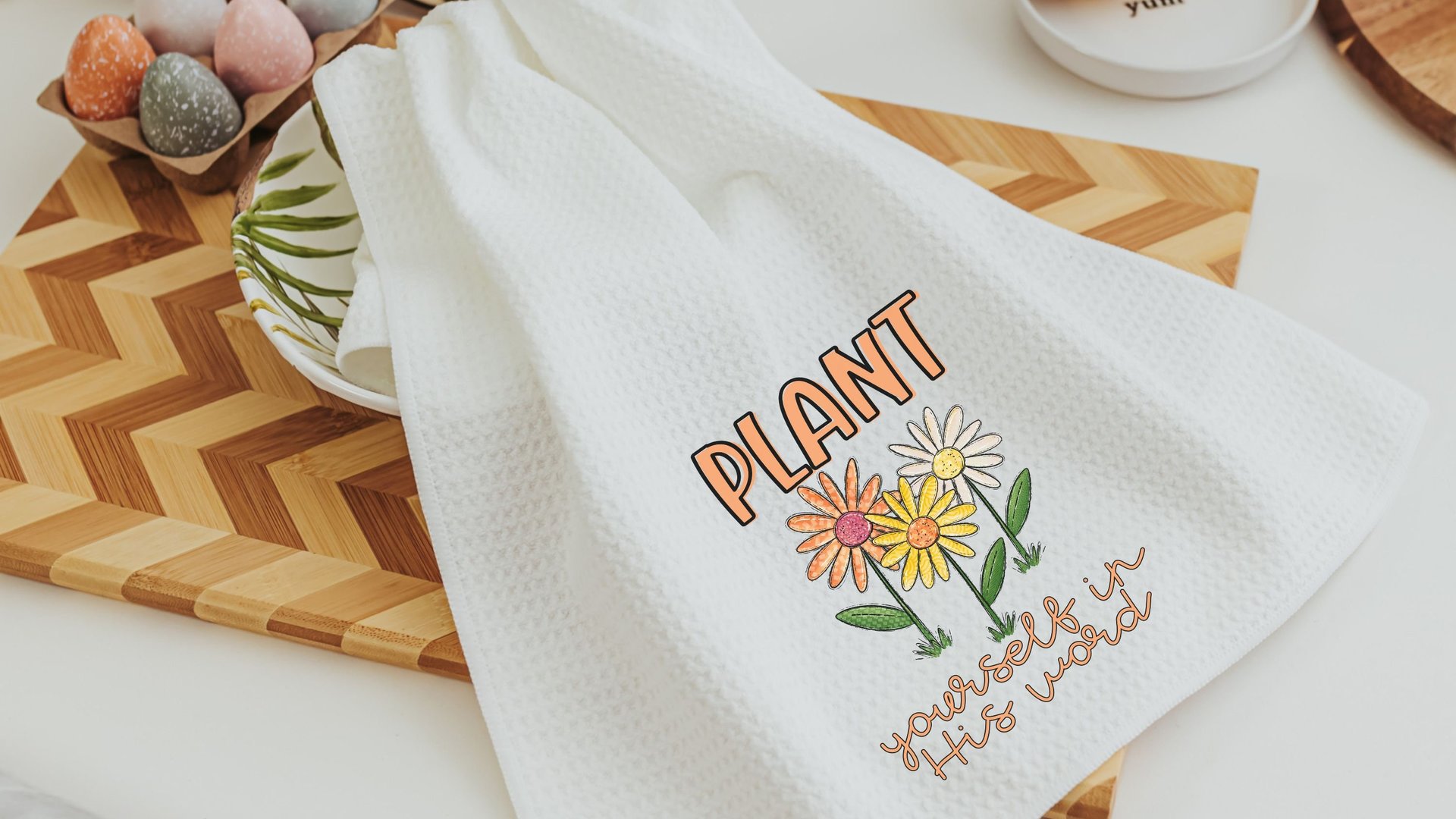 plant yourself in His word colorful daisy kitchen towel for friends, daisy gifts for women, Christian kitchen decor for Mom, adult baptism