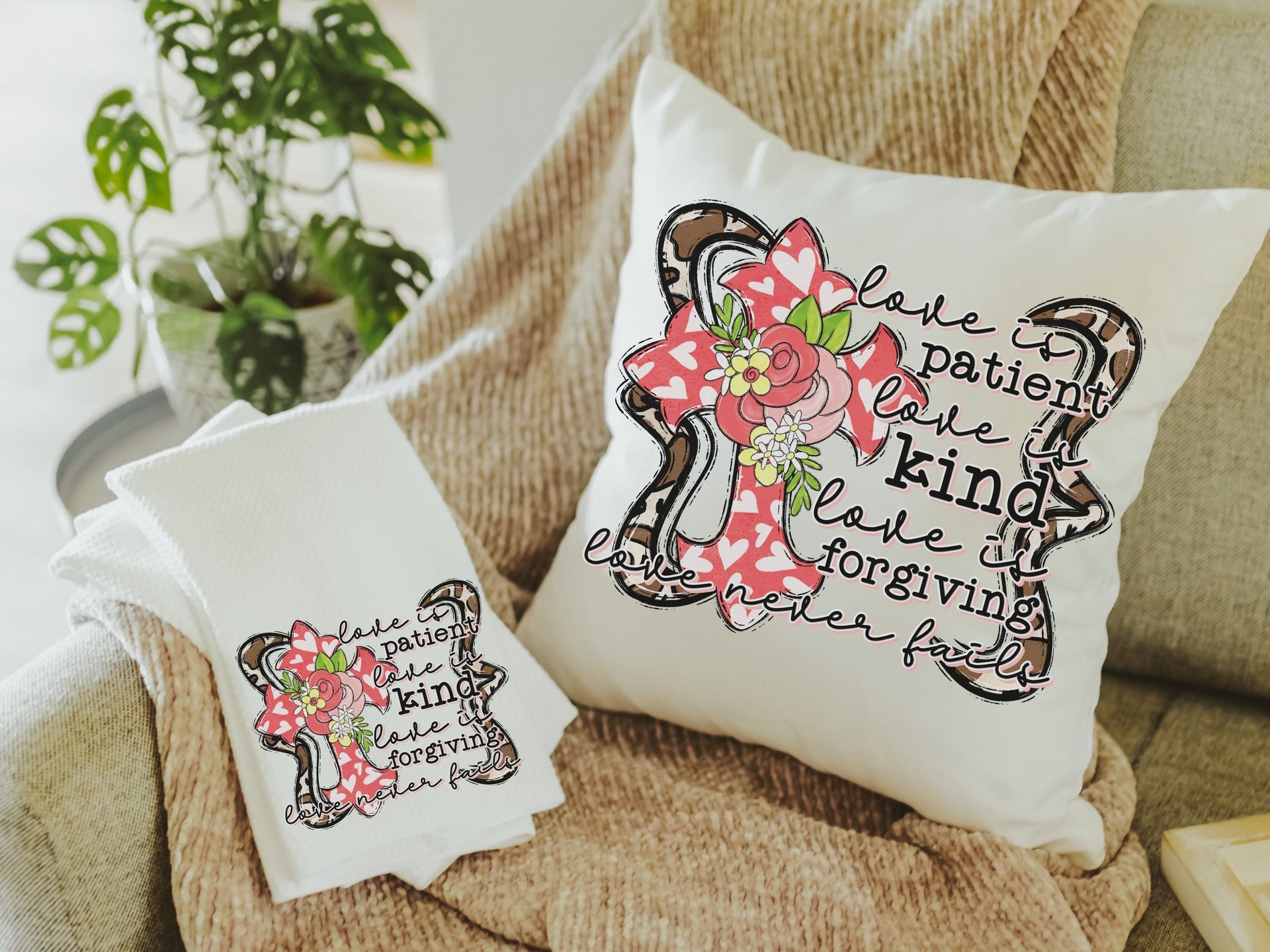 love is patient love is kind Bible verse throw pillows for bed, 1 Corinthians 13 scripture kitchen gifts for couple, Christian hand towels