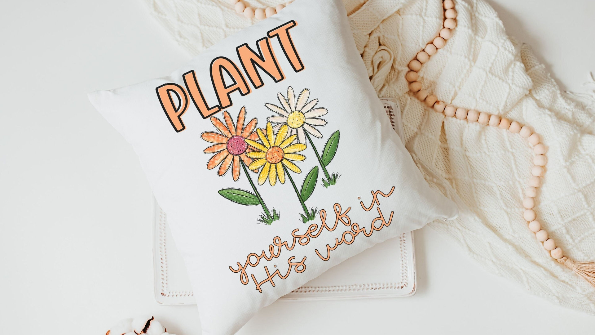 plant yourself in His word Christian throw pillows for living room, Christian Christmas gifts for gardeners, colorful daisy throw pillow