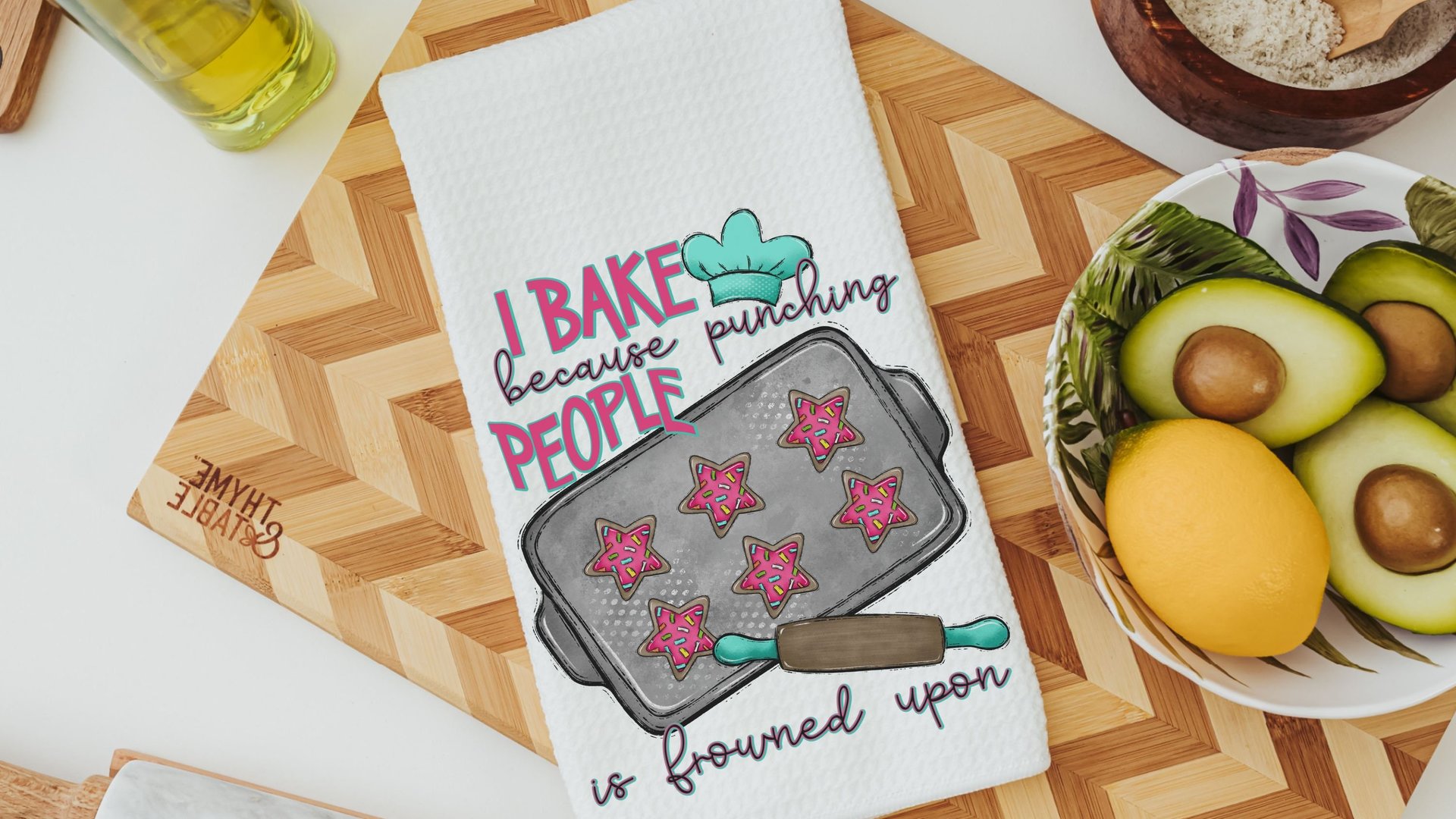 I bake because punching people is frowned upon towels, baking bridal shower kitchen gifts, funny baking kitchen towels, baker gift for women