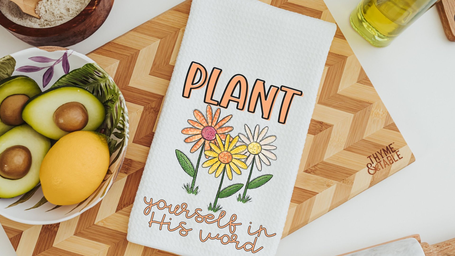 plant yourself in His word colorful daisy kitchen towel for friends, daisy gifts for women, Christian kitchen decor for Mom, adult baptism