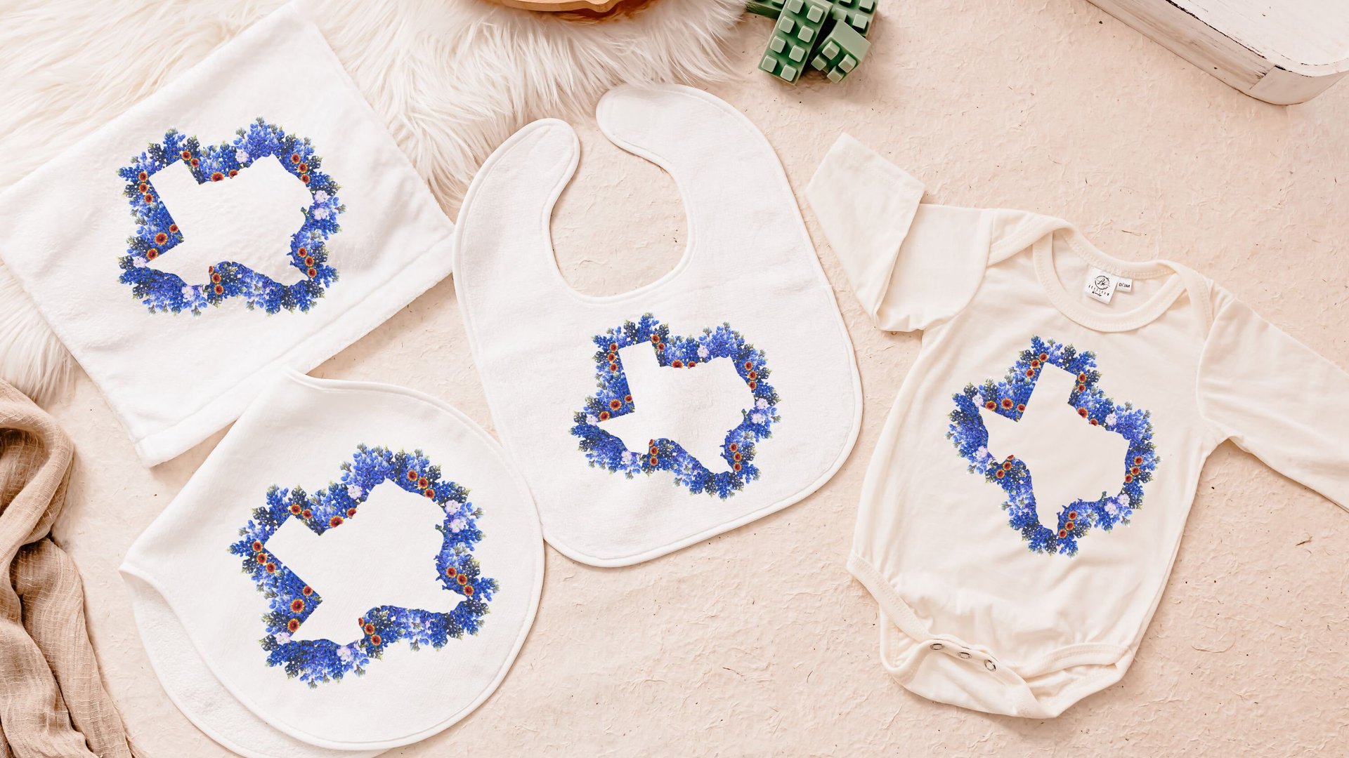 Texas bluebonnets baby girl layette set, Texas state flower baby bibs girl, cute Texas baby gift girl, floral Texas baby bodysuit bundle