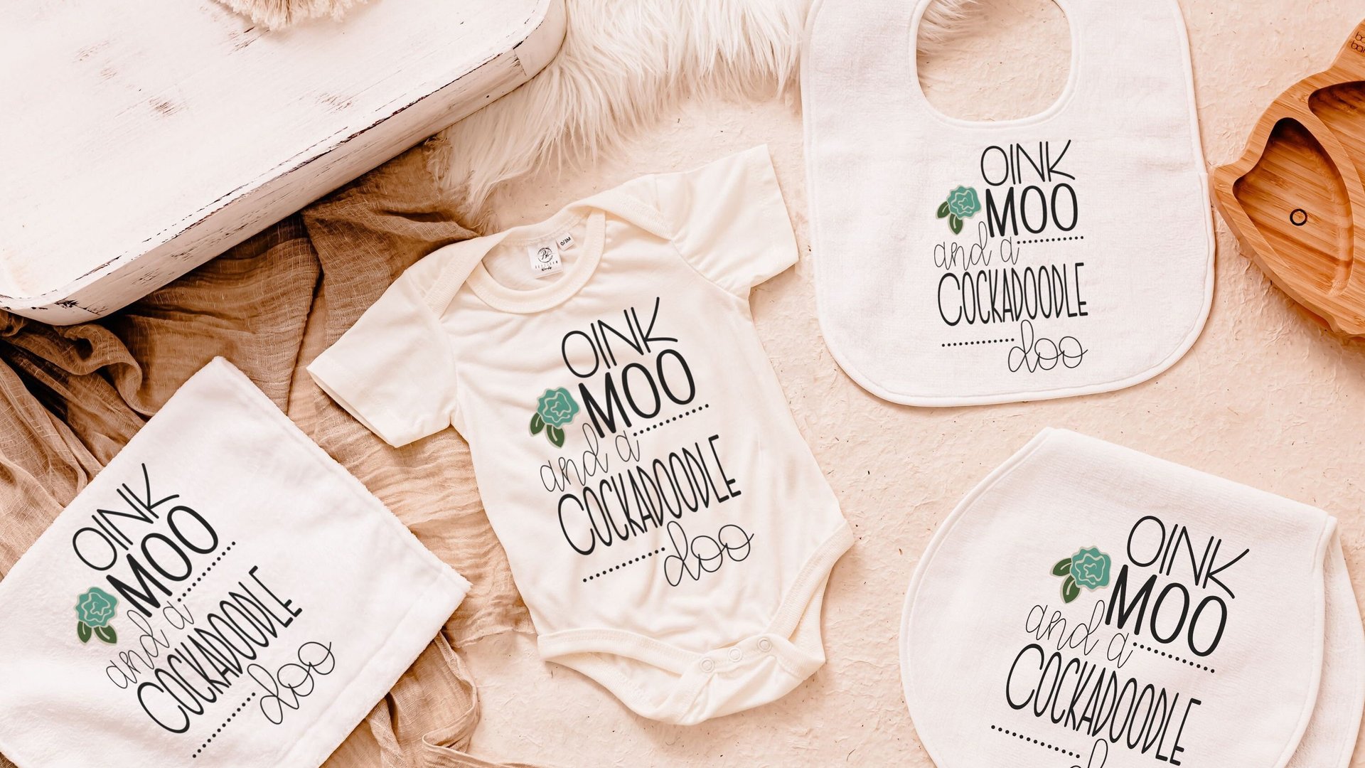 oink moo cockadoodle doo party outfit for baby girl coming home outfit, farm baby shower gift set, cute baby bibs, cow lovey blanket for