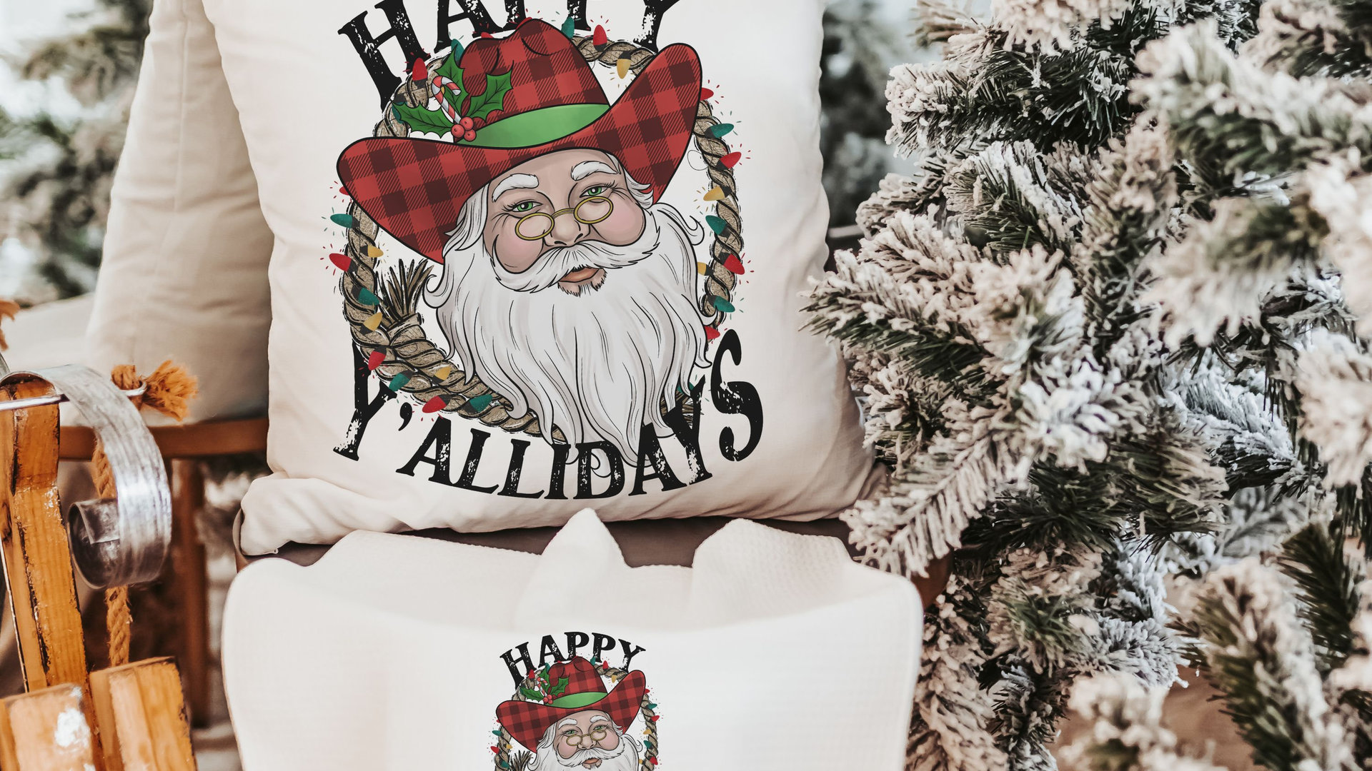 happy yallidays cowboy Santa throw pillows for sofa, rodeo Christmas pillow, western Christmas decor, white elephant gifts funny Christmas