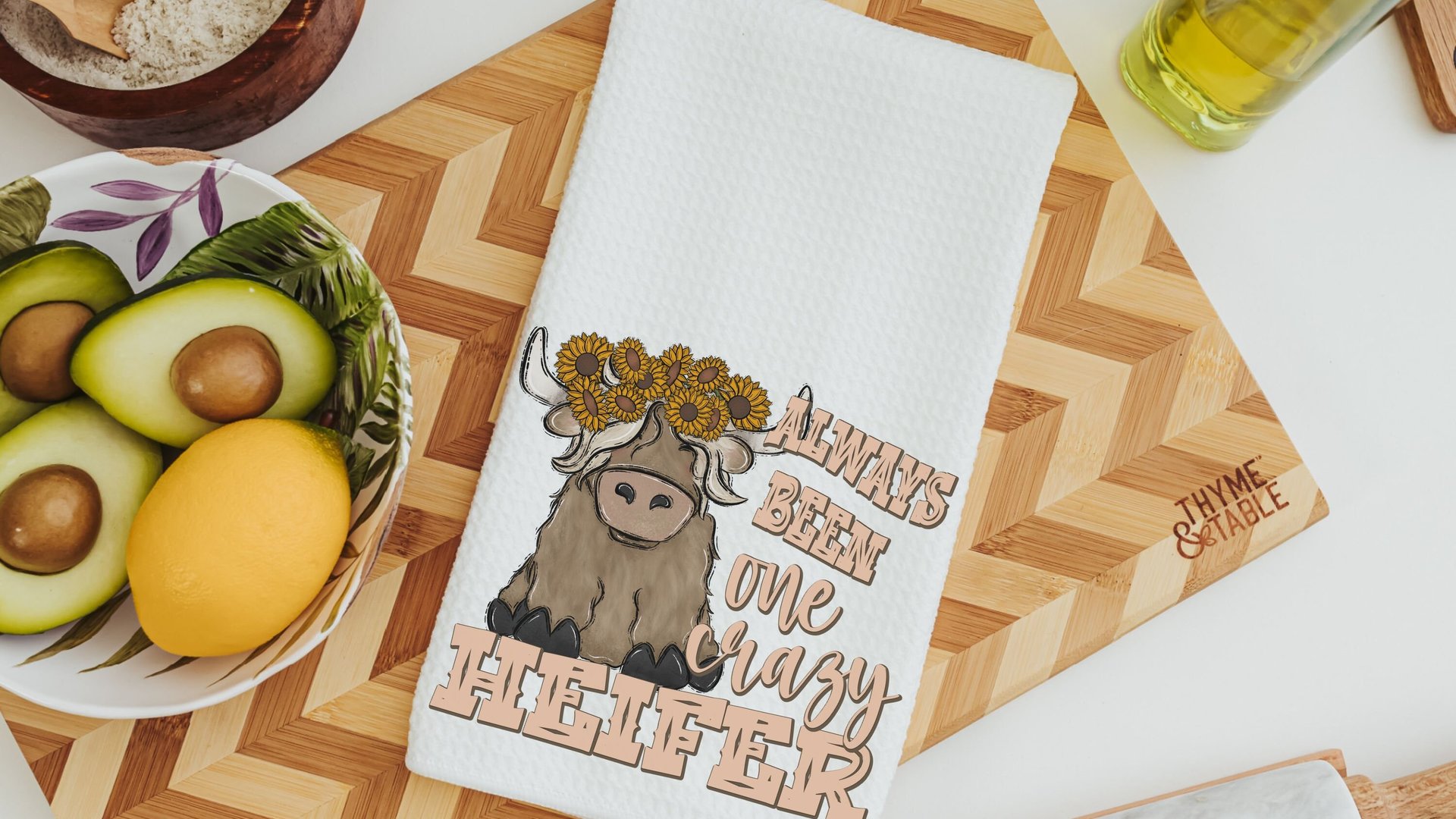 crazy heifer funny kitchen towels for women, highland cow gifts for cow lovers, cute cow kitchen decor, sunflower cow hand towels for