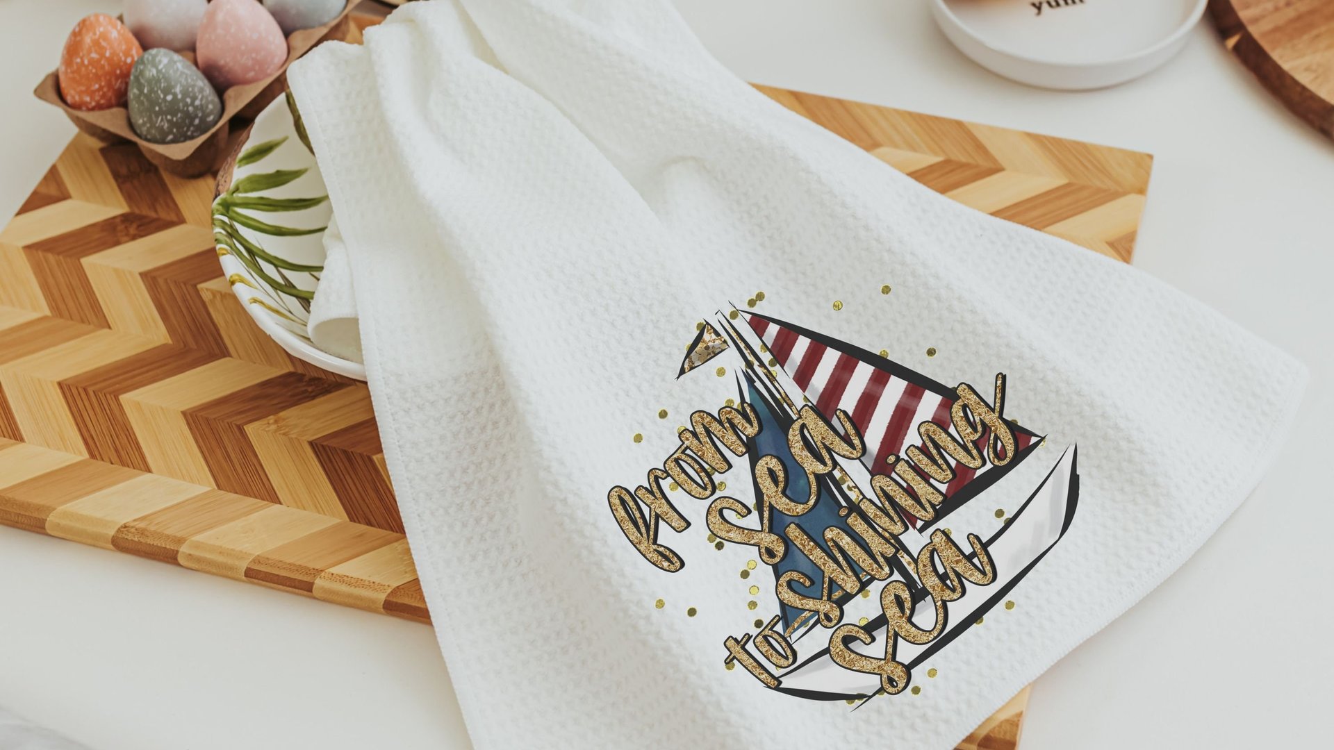 from sea to shining sea 4th of July kitchen towels for summer, sailboat kitchen decor, patriotic gifts for women, beach house gifts, sailing
