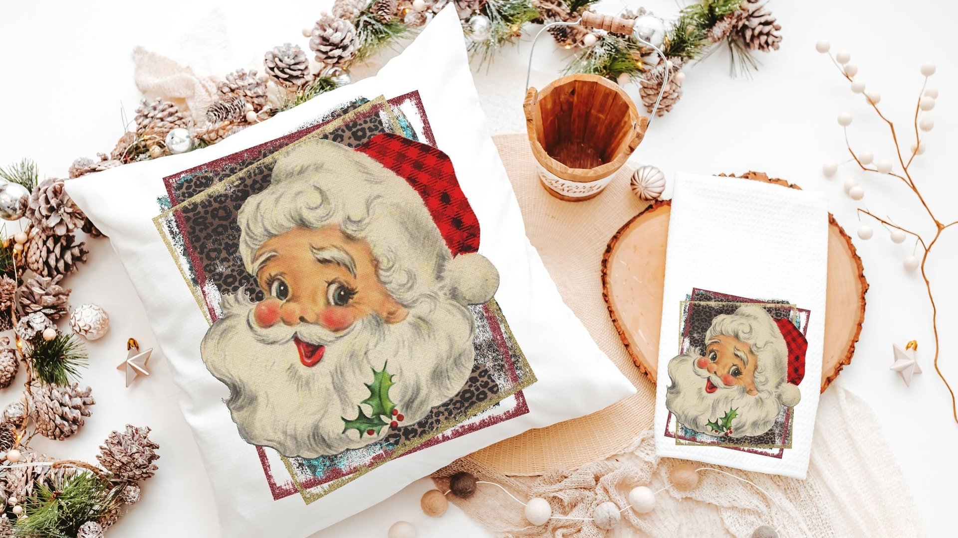 vintage Santa pillow covers 18x18, leopard print Christmas hand towels for bathroom, trendy Christmas housewarming gift for women, secret