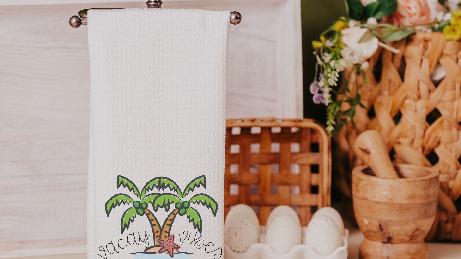 vacay vibes cute kitchen towels for beach, summer kitchen decor, destination wedding gift for couple, vacation home decor, coastal bathroom