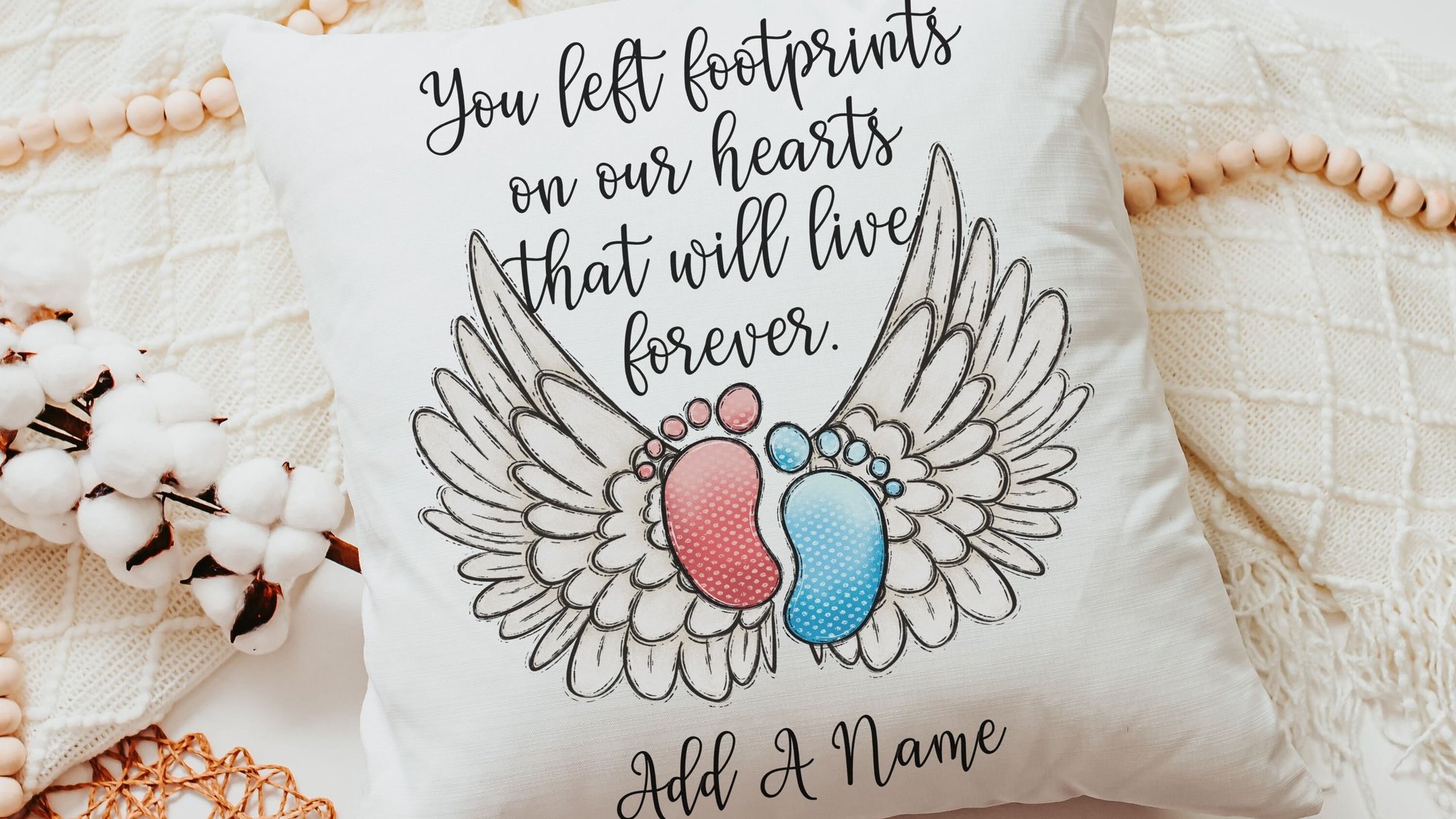 personalized footprints on our heart memorial throw pillow for bed, infant loss gifts for dad, bereavement gift loss of son for mother