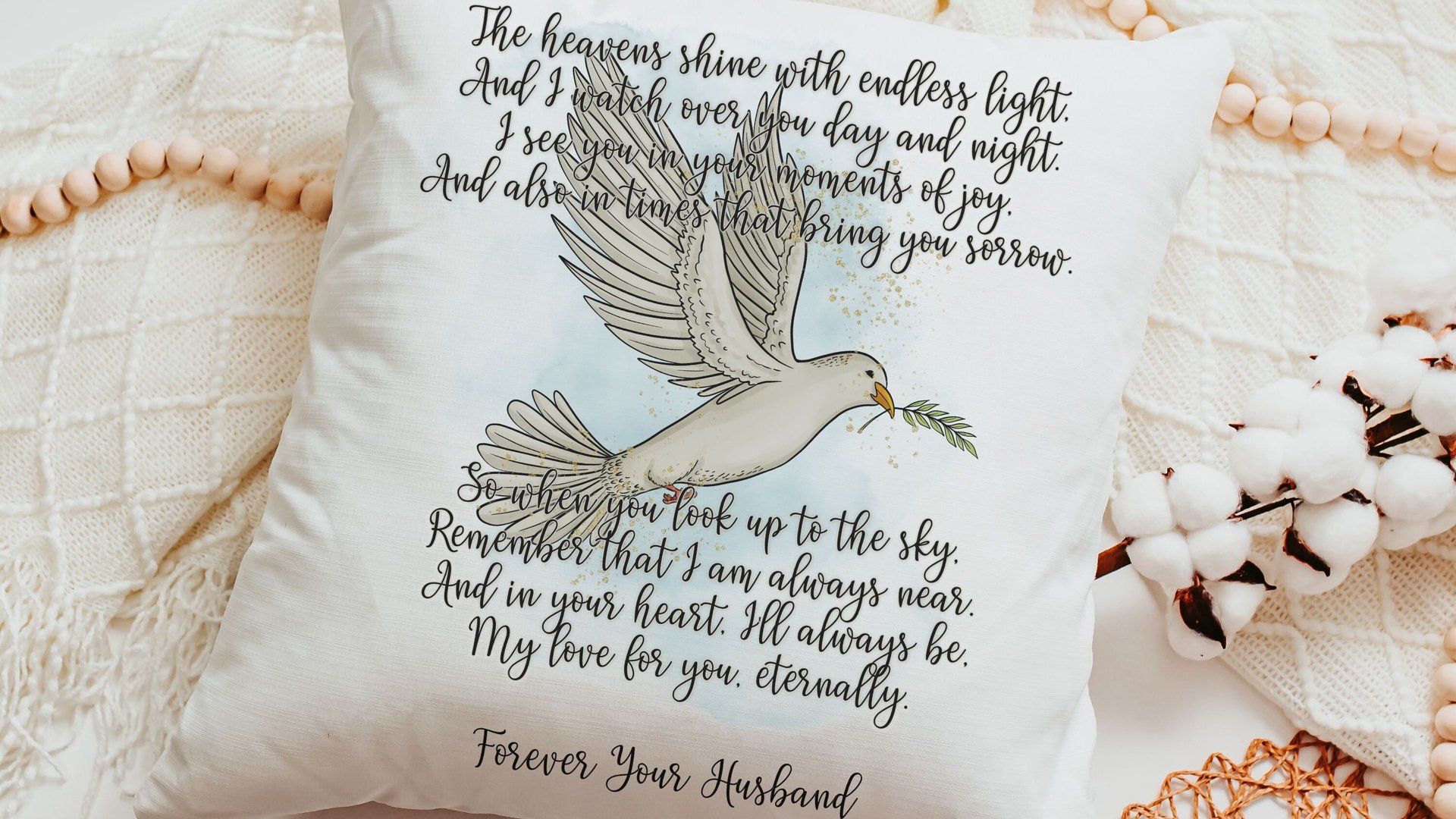 personalized dove of peace hug from Heaven pillow for couch, bereavement gift loss of mother sympathy gift for daughter, remembering a loved