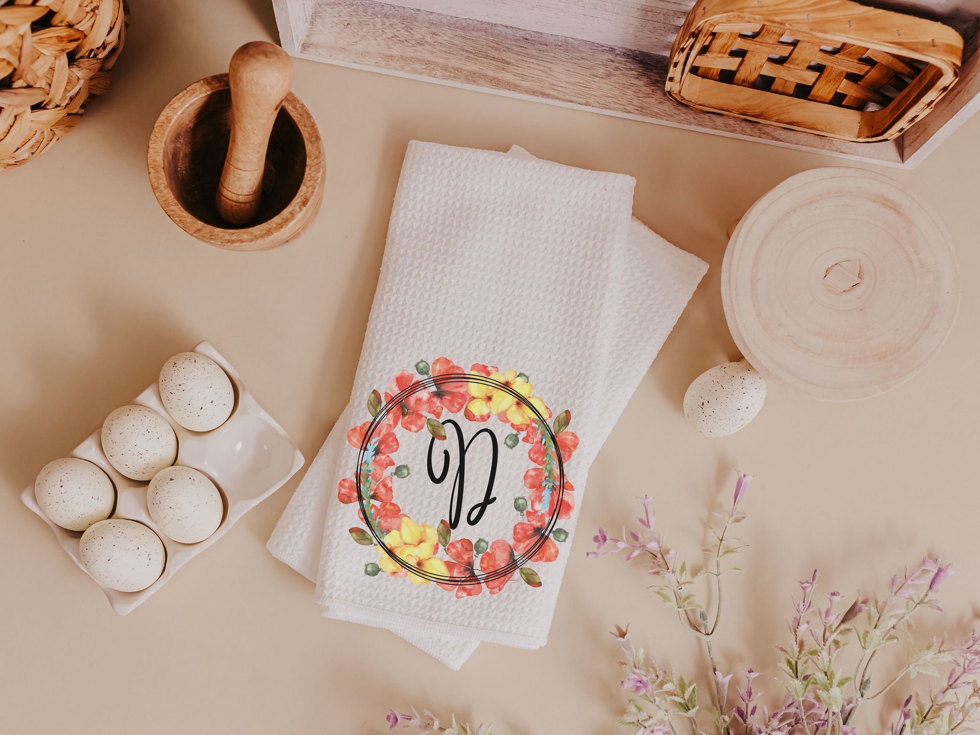 personalized poppy kitchen towel floral dish towels for drying dishes, new apartment gift for her, custom initial kitchen hand towel, cute