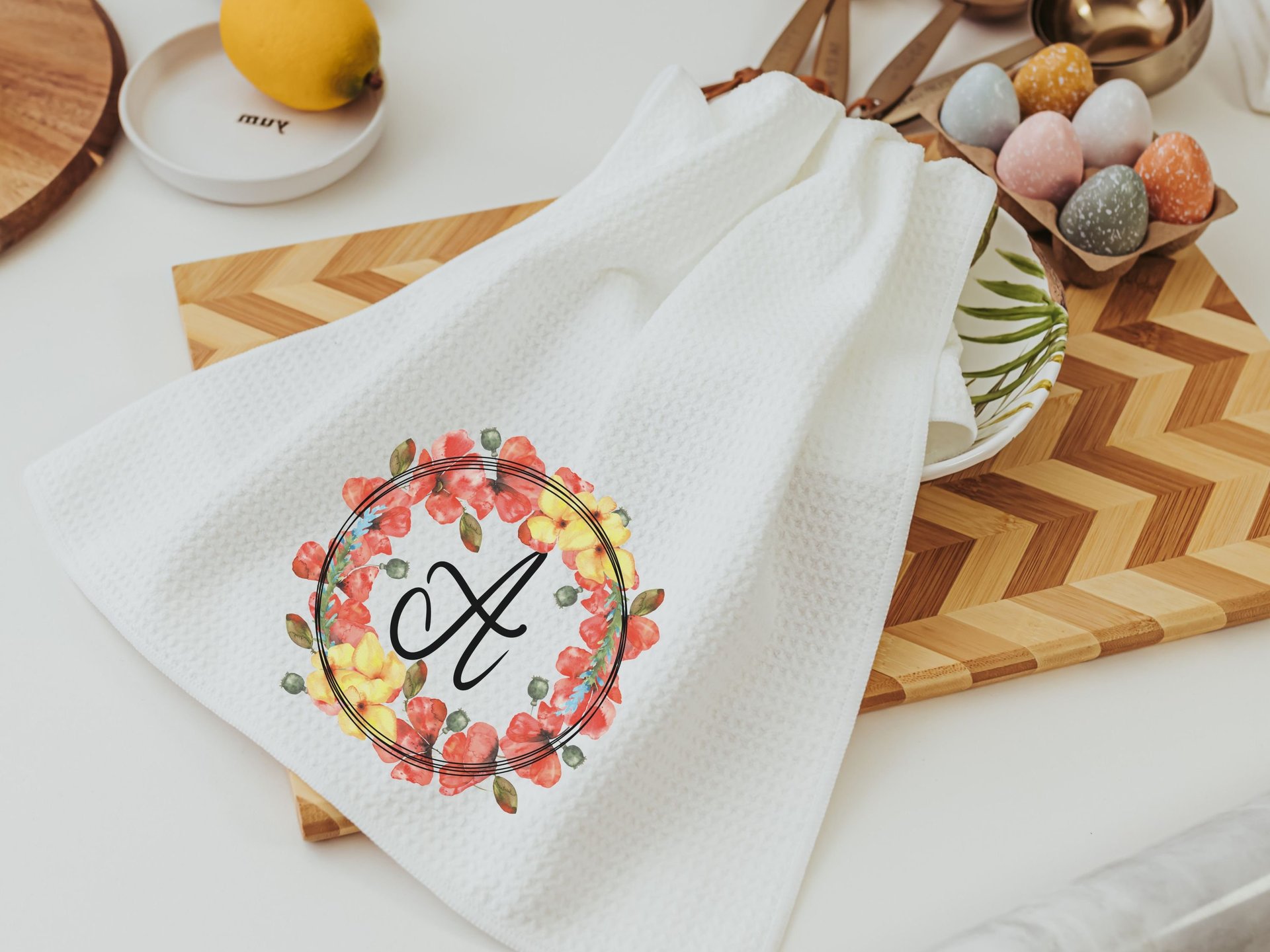 personalized poppy kitchen towel floral dish towels for drying dishes, new apartment gift for her, custom initial kitchen hand towel, cute