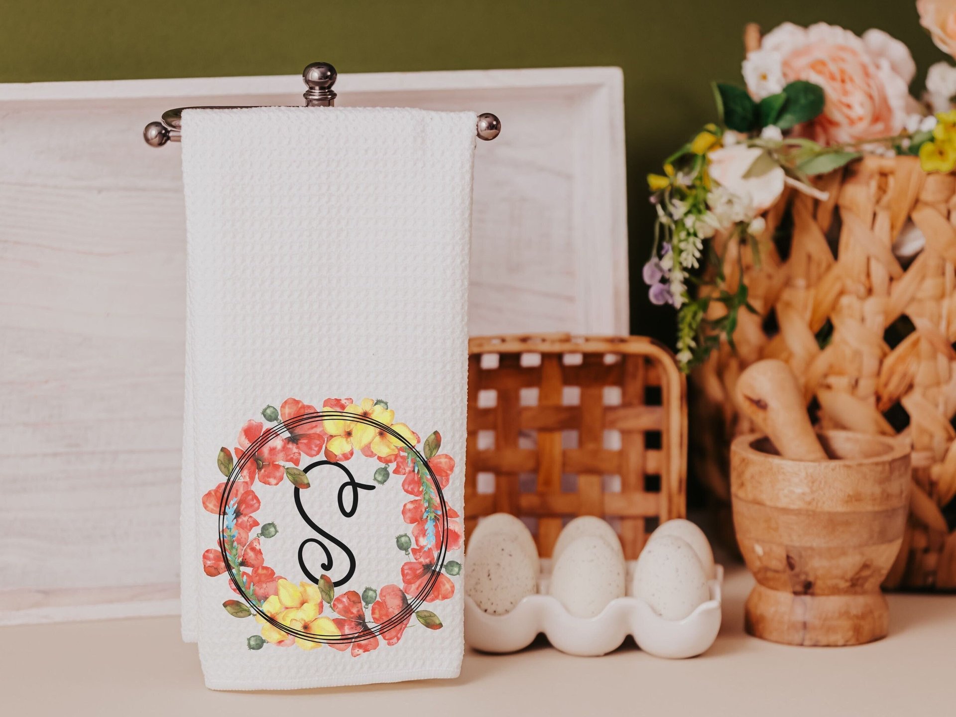 personalized poppy kitchen towel floral dish towels for drying dishes, new apartment gift for her, custom initial kitchen hand towel, cute