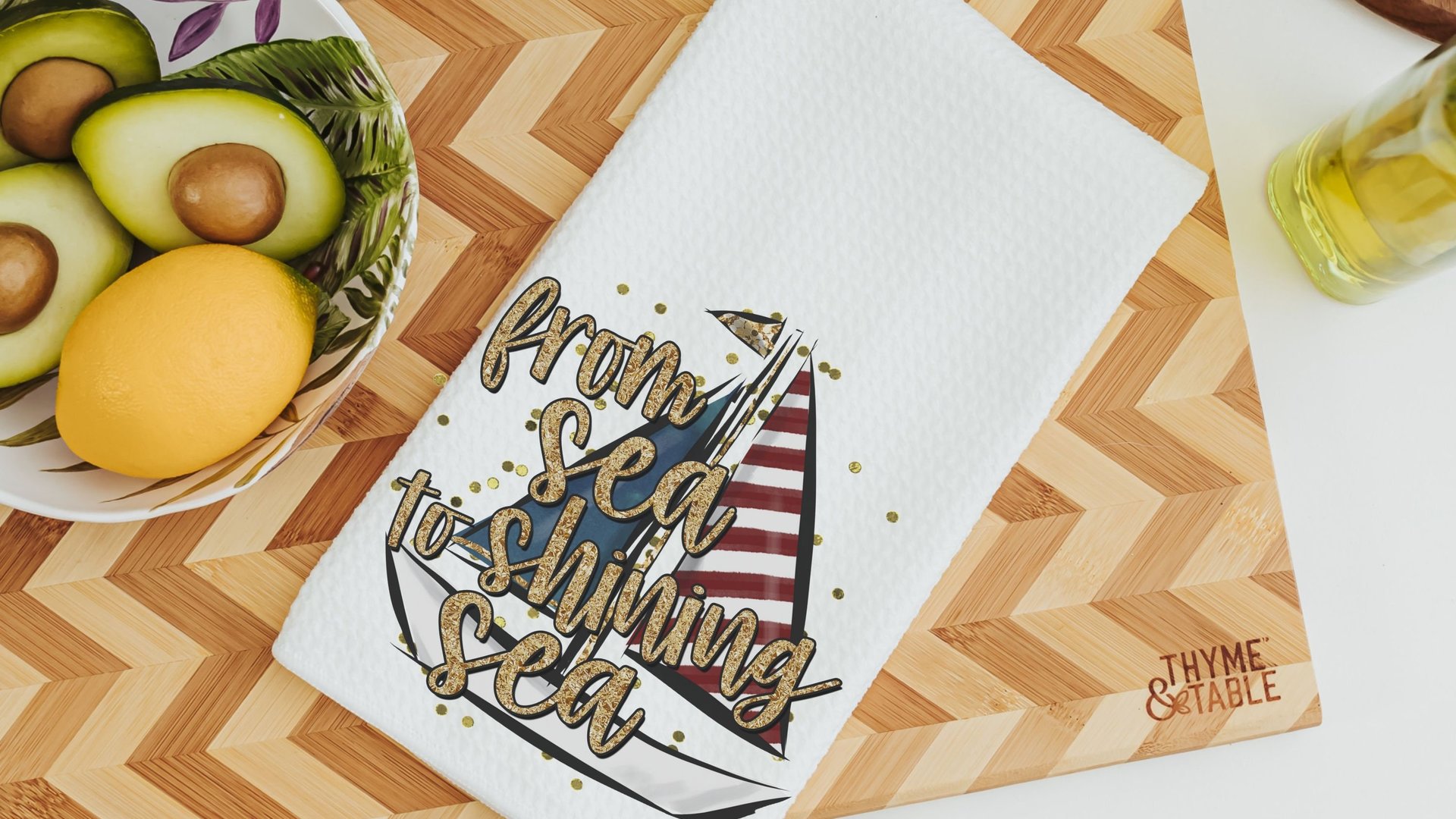 from sea to shining sea 4th of July kitchen towels for summer, sailboat kitchen decor, patriotic gifts for women, beach house gifts, sailing
