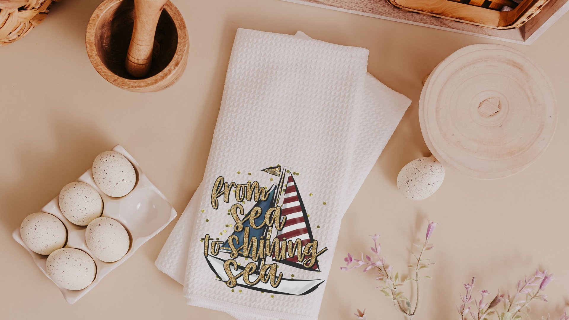 from sea to shining sea 4th of July kitchen towels for summer, sailboat kitchen decor, patriotic gifts for women, beach house gifts, sailing