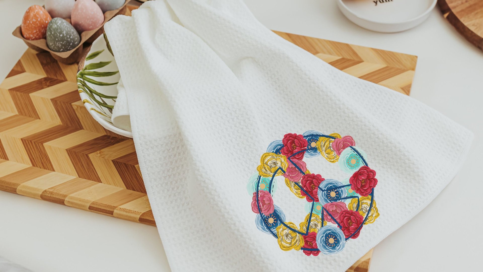 floral peace sign kitchen towels for mom, hippie kitchen decor, cute hand towels for bathroom boho kitchen dish towels, powder room decor