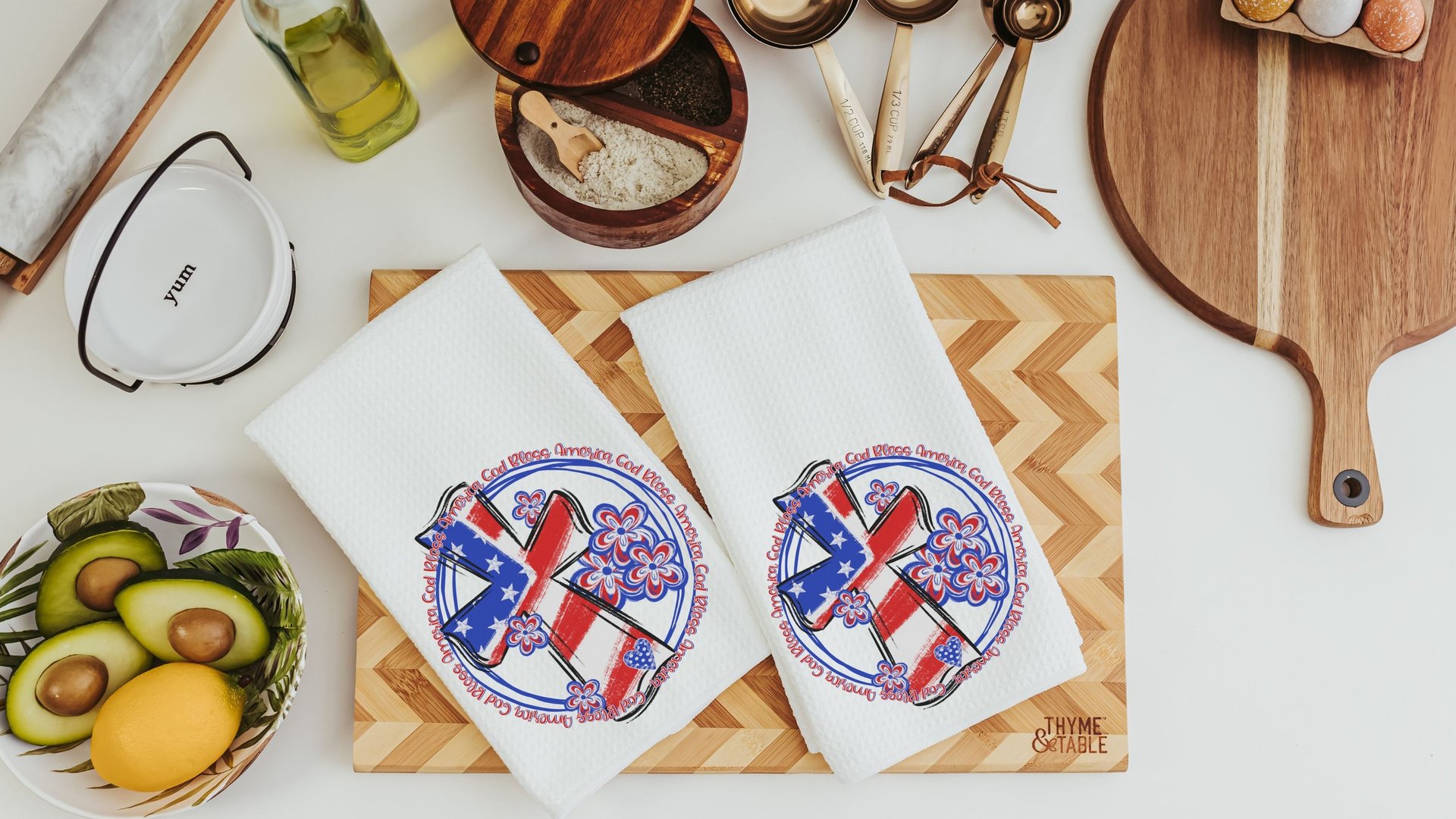 God bless America patriotic kitchen towels, 4th of July hostess gift for women, red white and blue Christian kitchen decor, military mom