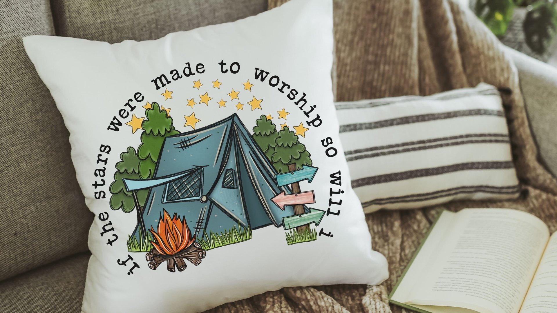 made to worship under the stars camping throw pillow for bench, Christian gifts for home, RV accessories for inside, camper decor pillow