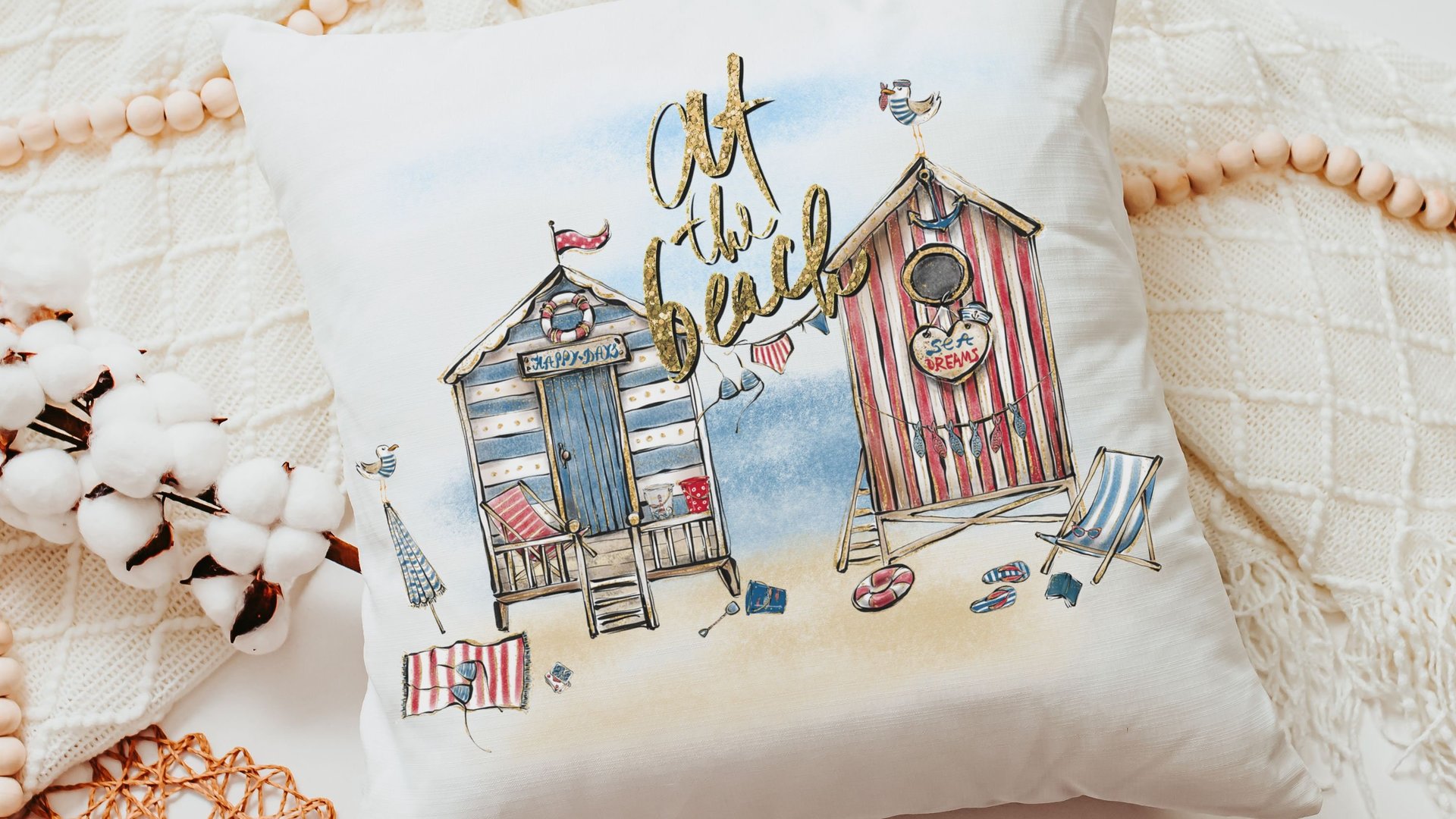 at the beach summer throw pillows for sofa, coastal decor beach house gift, sunroom decor, nautical throw pillow cover 18 x 18 covered porch