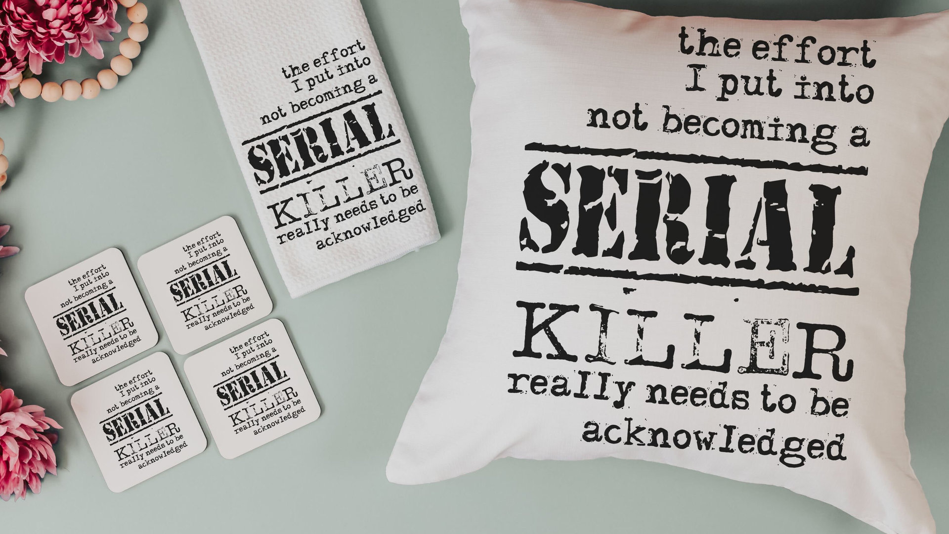detective book reading nook pillow, dark humor gift set for best friend, serial killers and chill true crime gifts for women, funny coasters