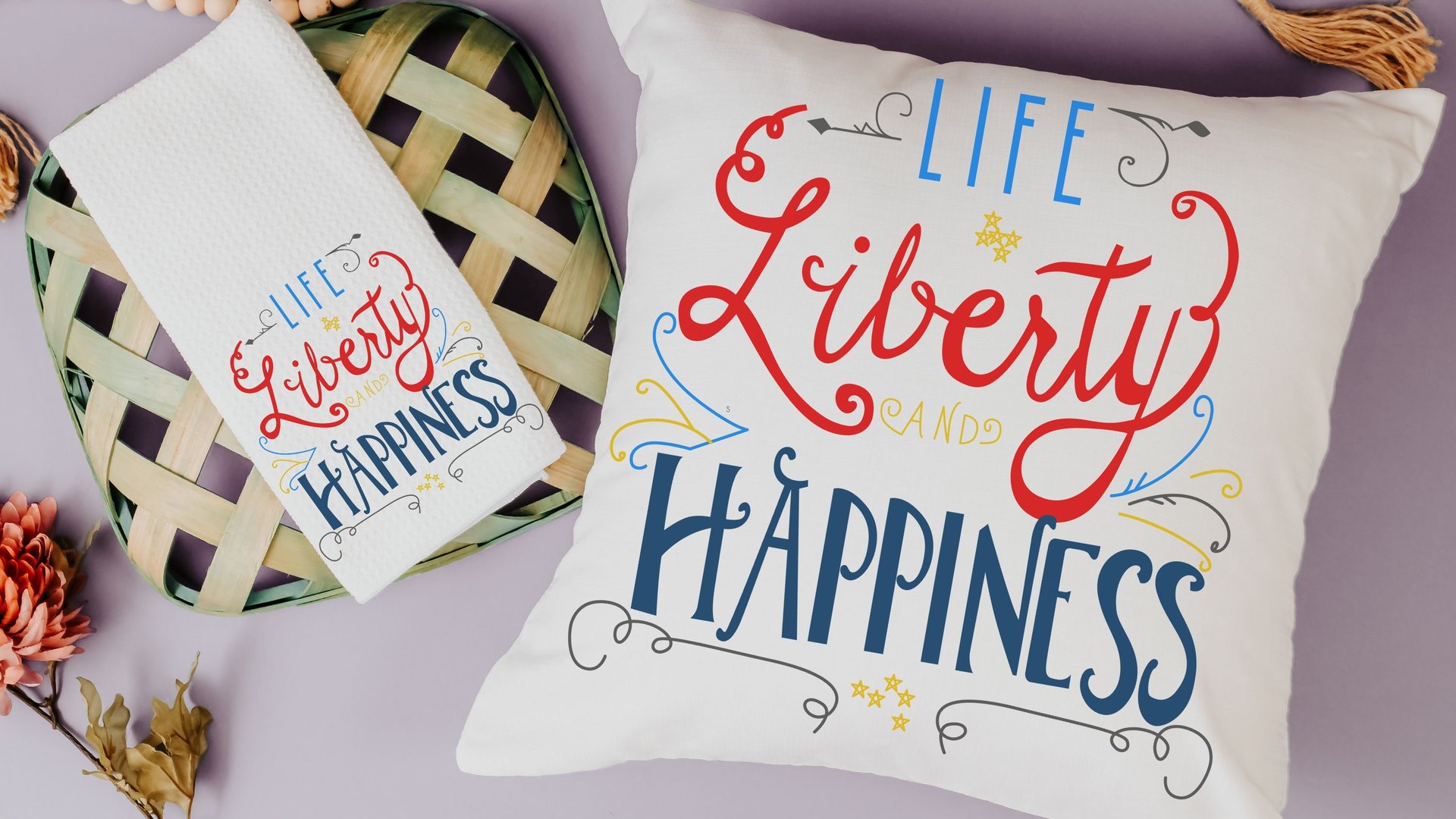 life liberty happiness throw pillow for sofa, patriotic decor for home, 4th of July kitchen towels, military mom gift, summer throw pillows