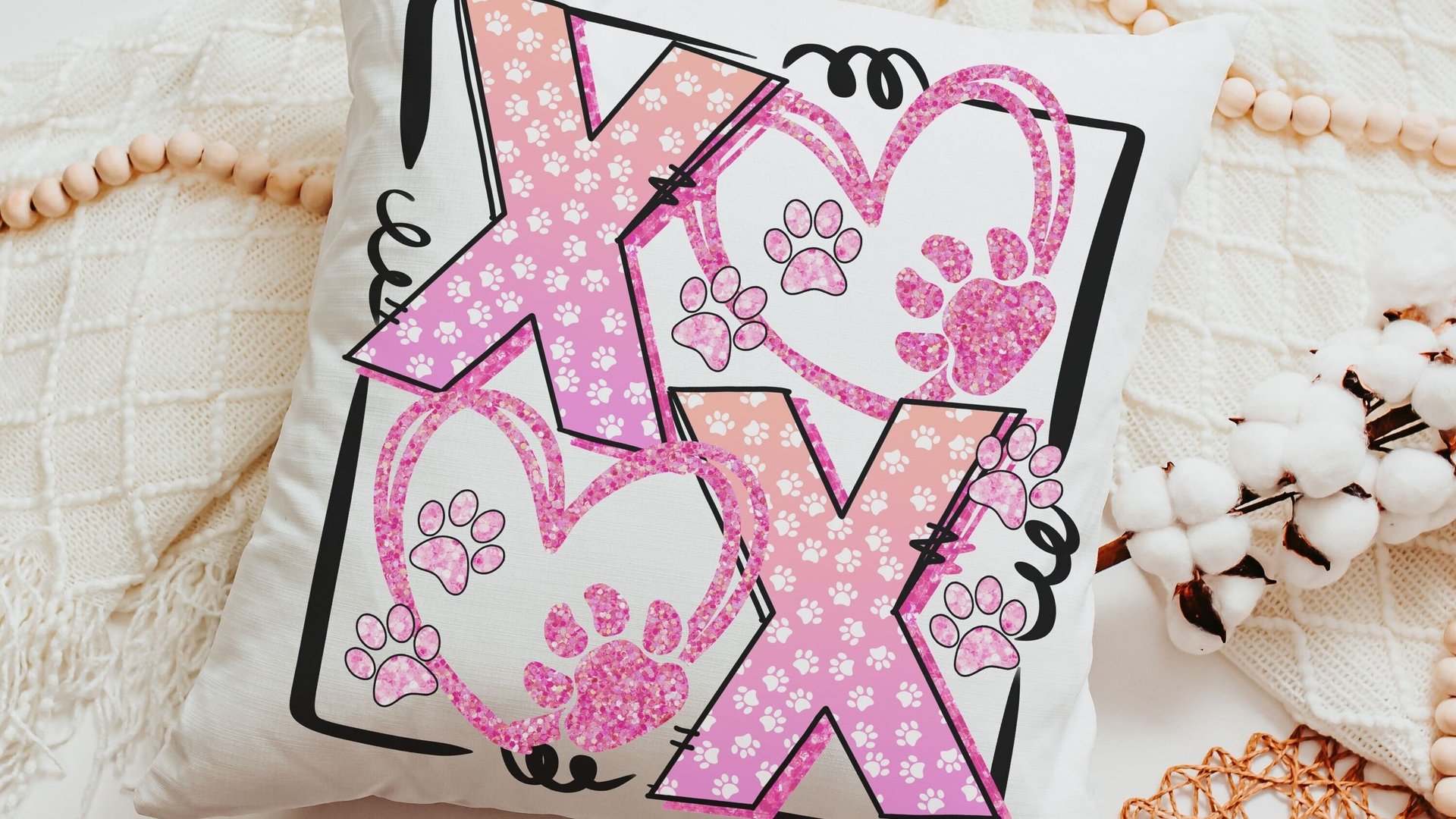 xoxo throw pillow for sofa, pink paw print pillow covers 18 x 18, dog mom gift, dog decor for home, Galentines day gifts for best friend