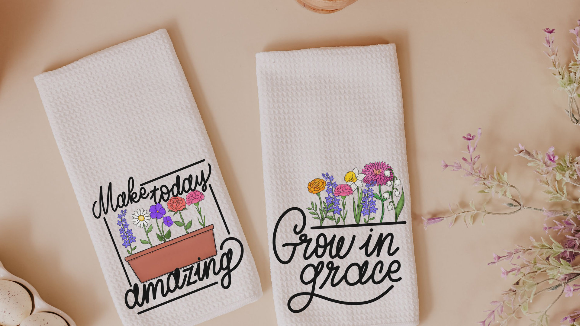 pray more worry less floral kitchen towels for Mom, inspirational Christian kitchen decor, godmother gifts from goddaughter, wildflower dish