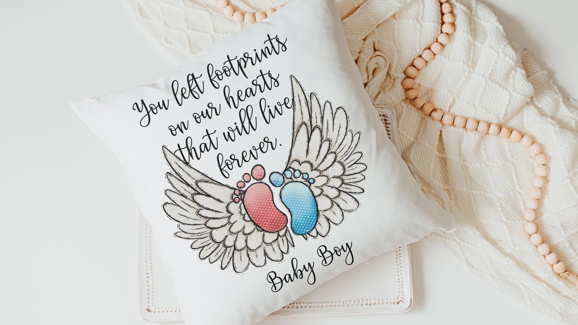 personalized footprints on our heart memorial throw pillow for bed, infant loss gifts for dad, bereavement gift loss of son for mother