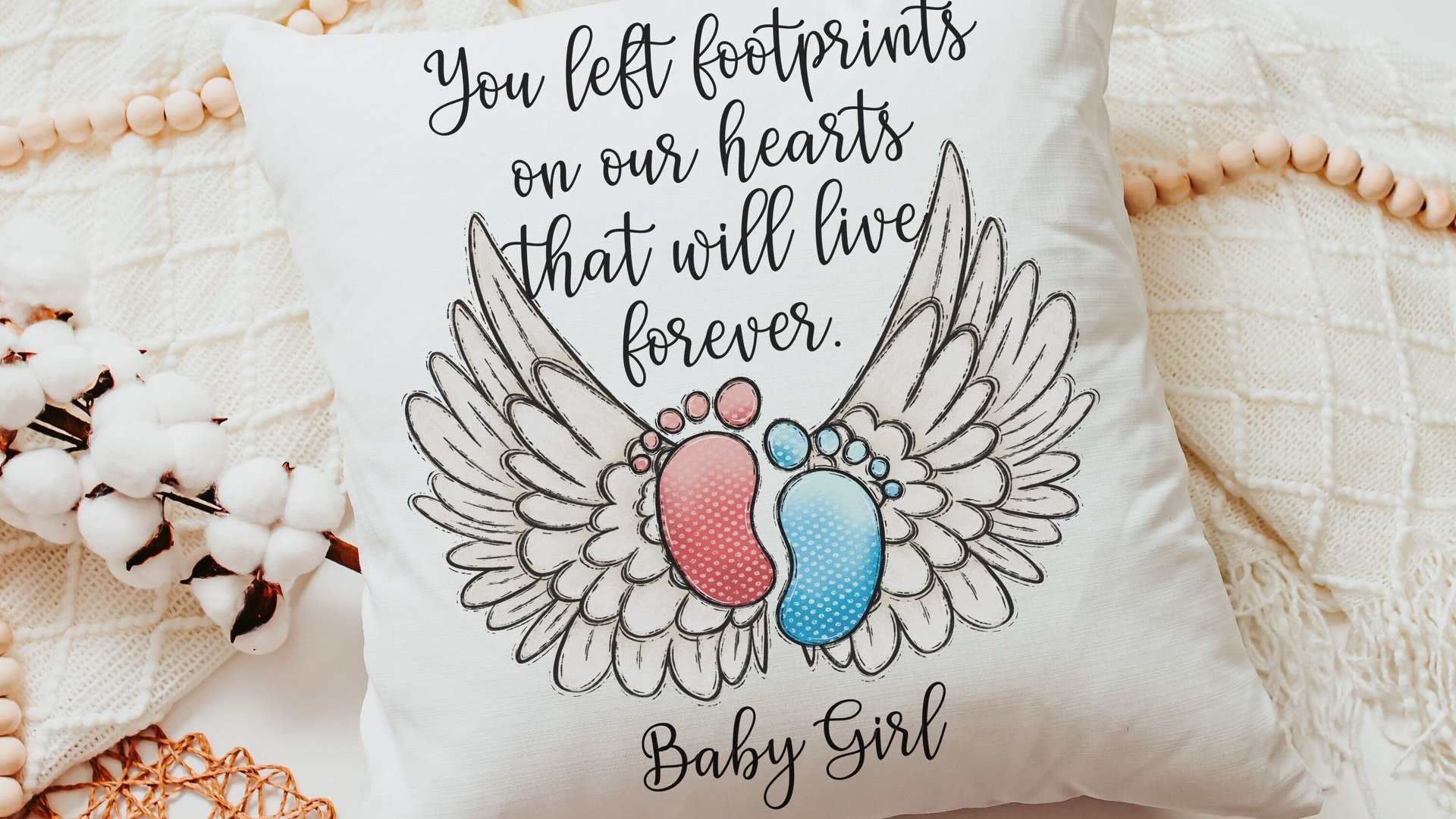 personalized footprints on our heart memorial throw pillow for bed, infant loss gifts for dad, bereavement gift loss of son for mother