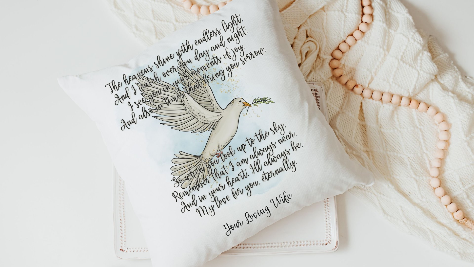 personalized dove of peace hug from Heaven pillow for couch, bereavement gift loss of mother sympathy gift for daughter, remembering a loved