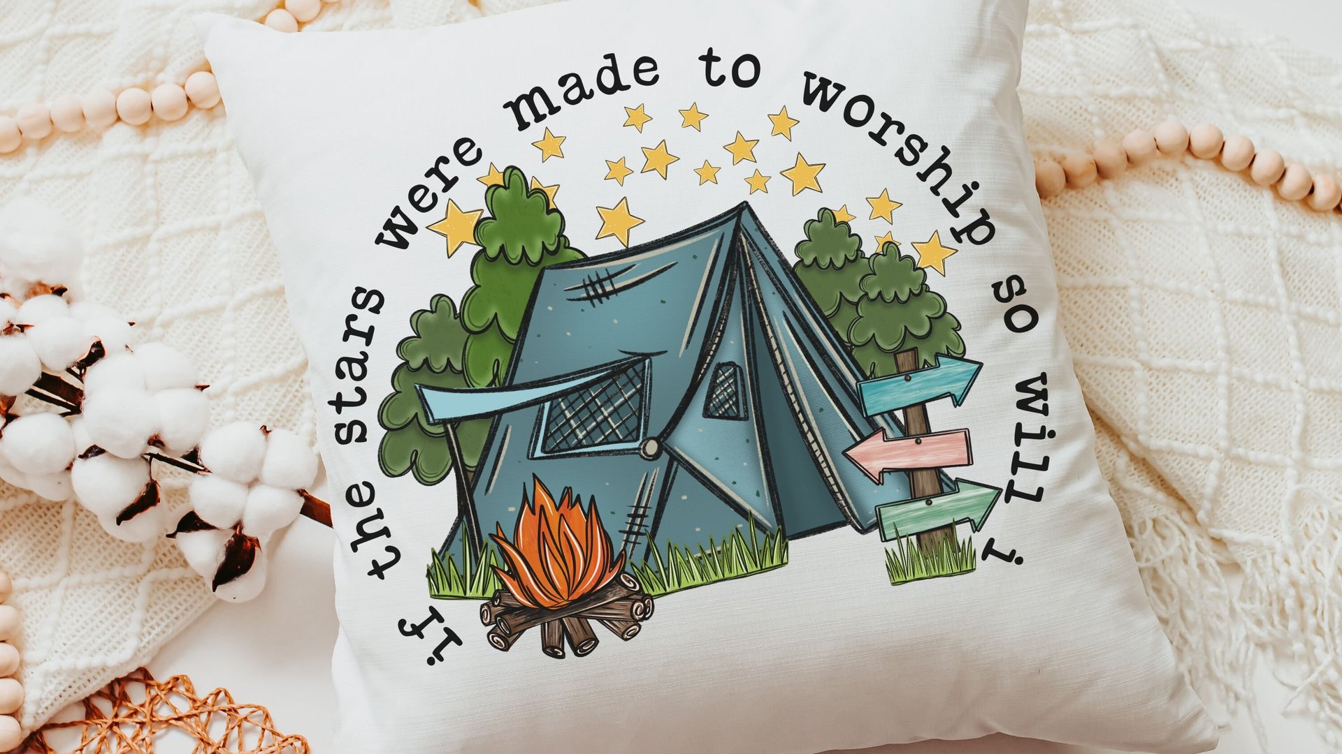 made to worship under the stars camping throw pillow for bench, Christian gifts for home, RV accessories for inside, camper decor pillow