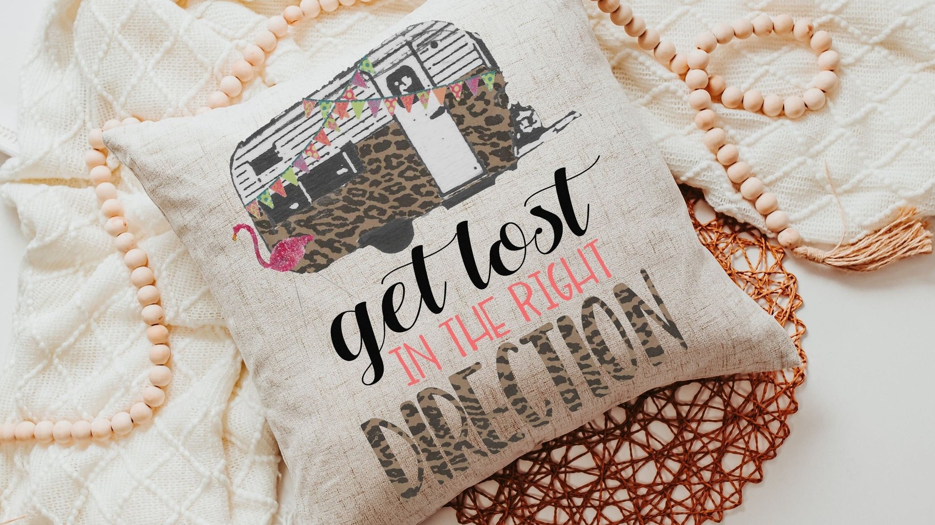 get lost in the right direction inspirational throw pillows for couch, summer road trip RV decorations for inside, glamping bachelorette