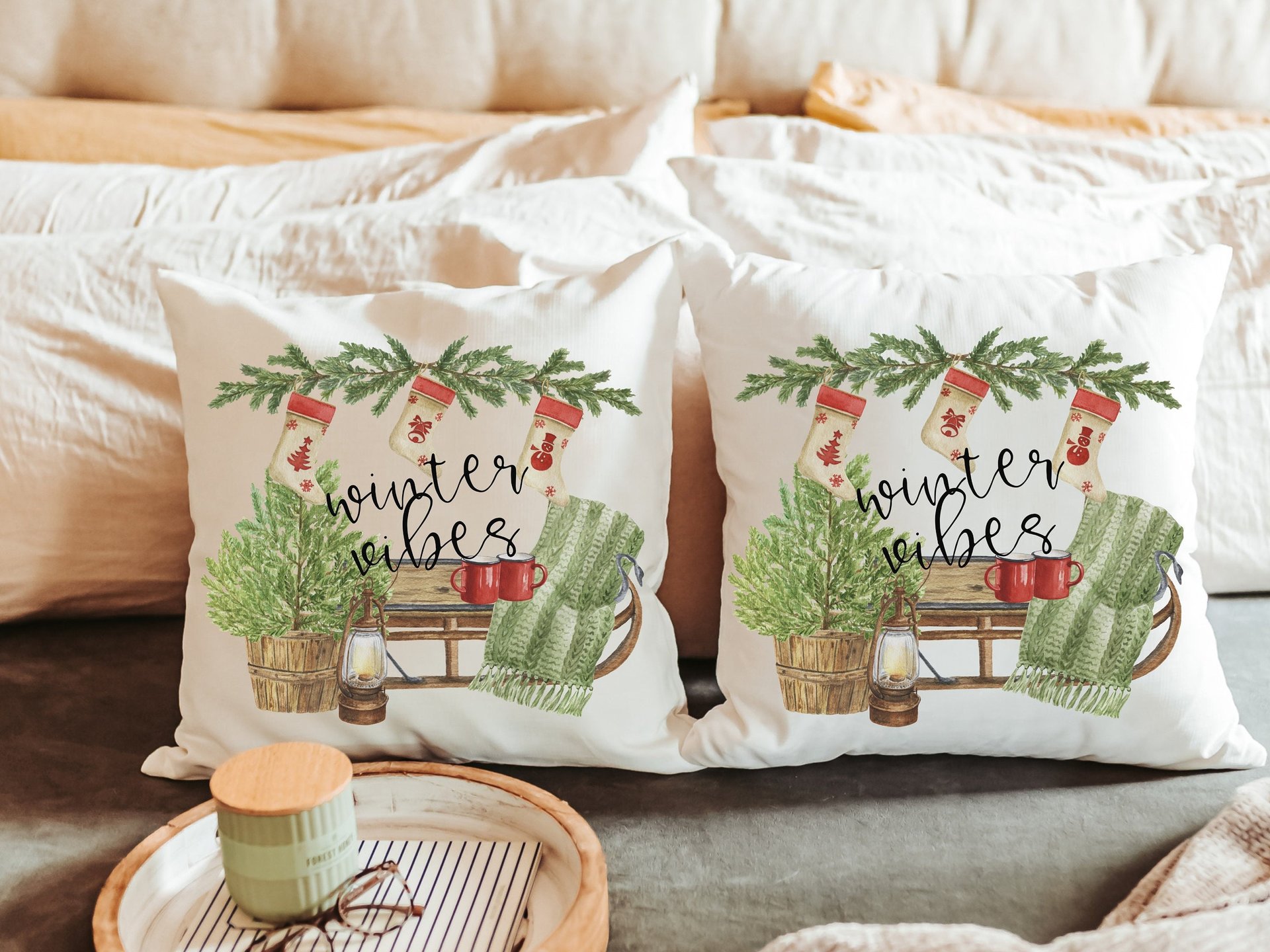 winter vibes cozy throw pillow for couch, olive green Christmas decor for home, secret Santa gifts for coworkers, cute Christmas gifts for