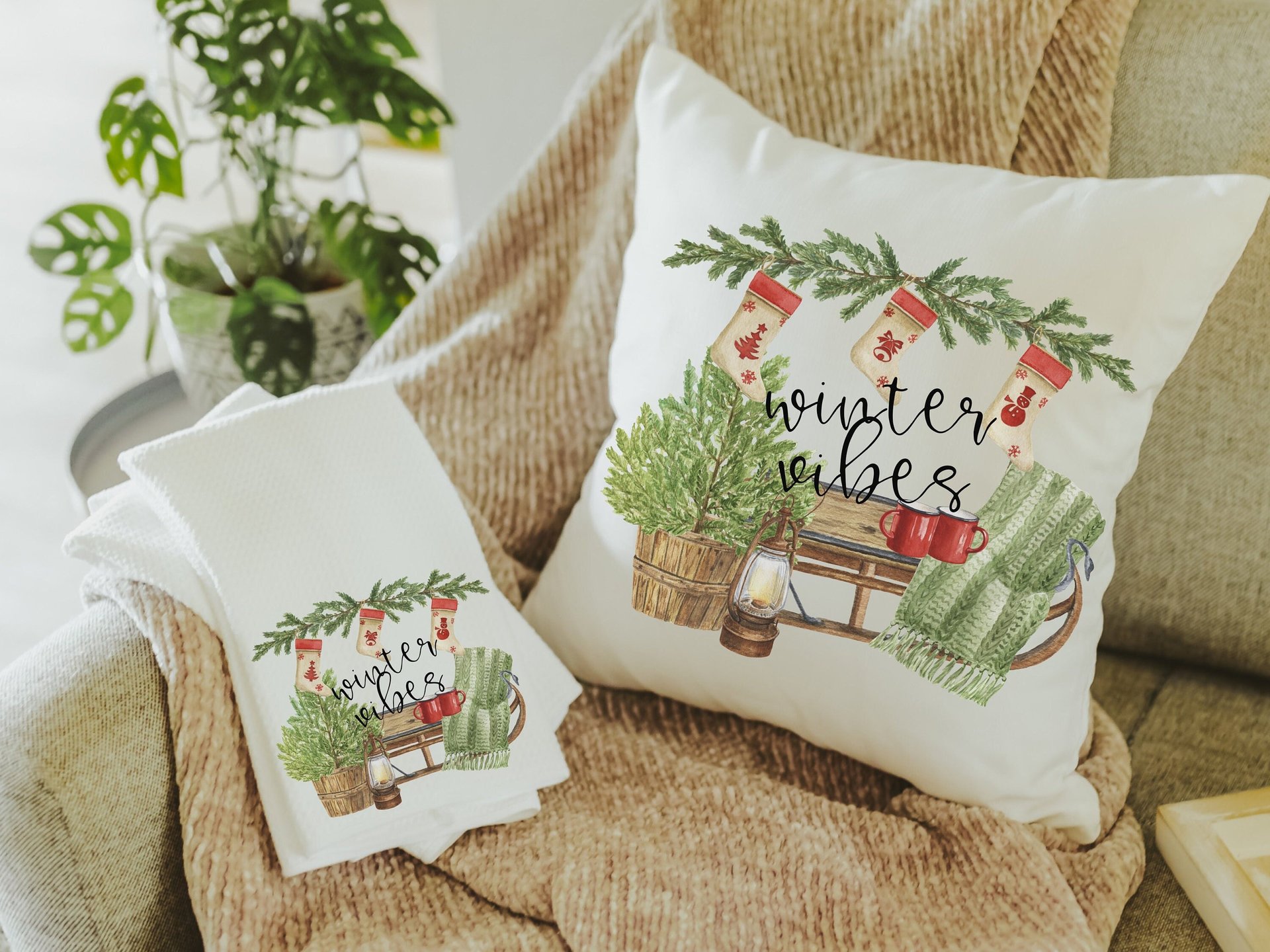 winter vibes cozy throw pillow for couch, olive green Christmas decor for home, secret Santa gifts for coworkers, cute Christmas gifts for