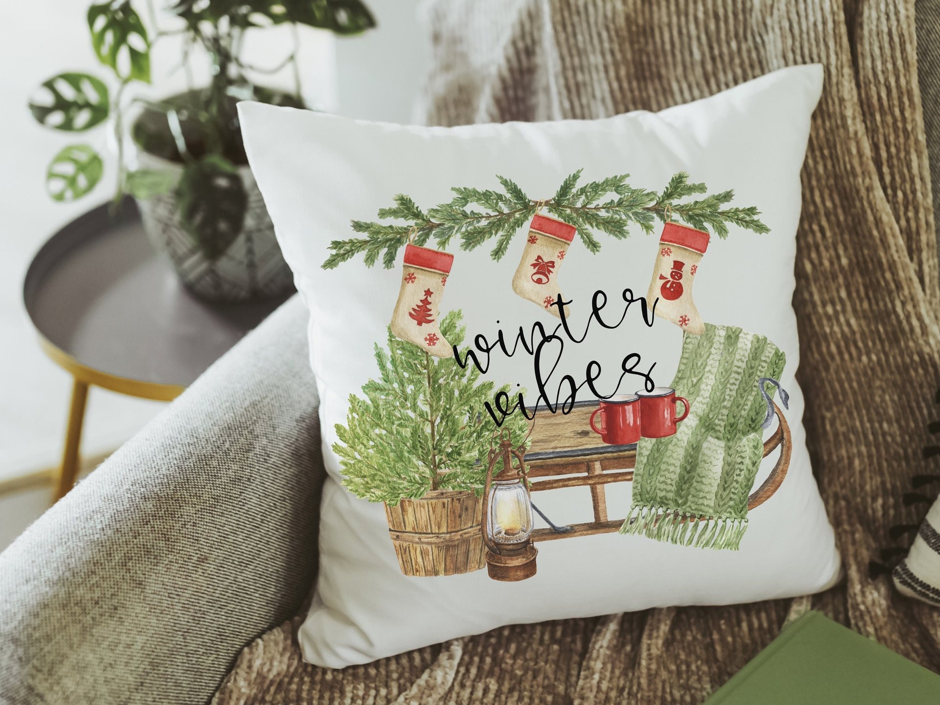 winter vibes cozy throw pillow for couch, olive green Christmas decor for home, secret Santa gifts for coworkers, cute Christmas gifts for