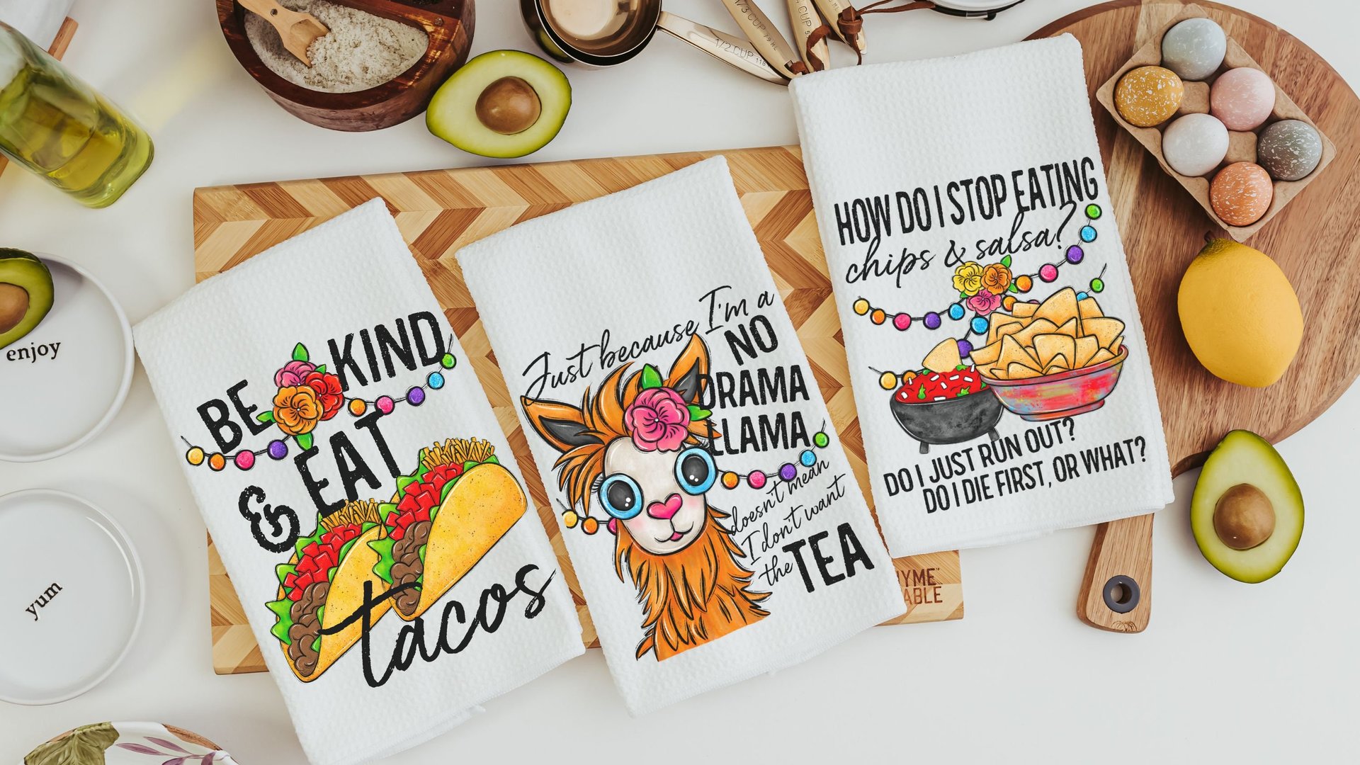 sassy kitchen towels for family, chips and salsa fiesta decor, taco gifts, funny hand towels for kitchen, no drama llama gifts for women