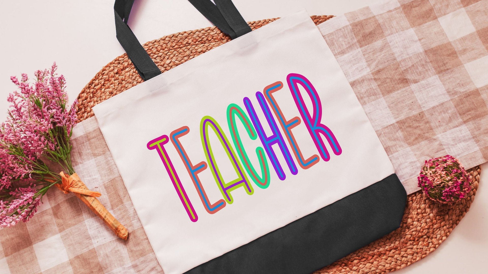 cute teacher tote bag for books, best gifts for teacher appreciation gifts from students, neon tote bag for school, preschool teacher gifts