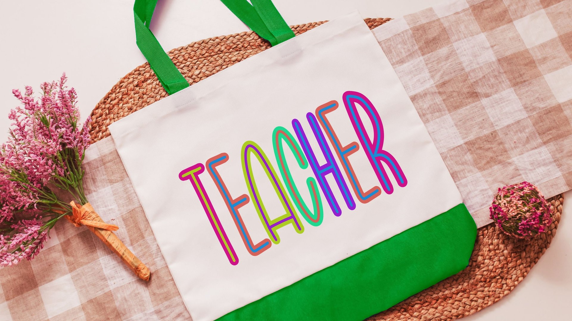 cute teacher tote bag for books, best gifts for teacher appreciation gifts from students, neon tote bag for school, preschool teacher gifts
