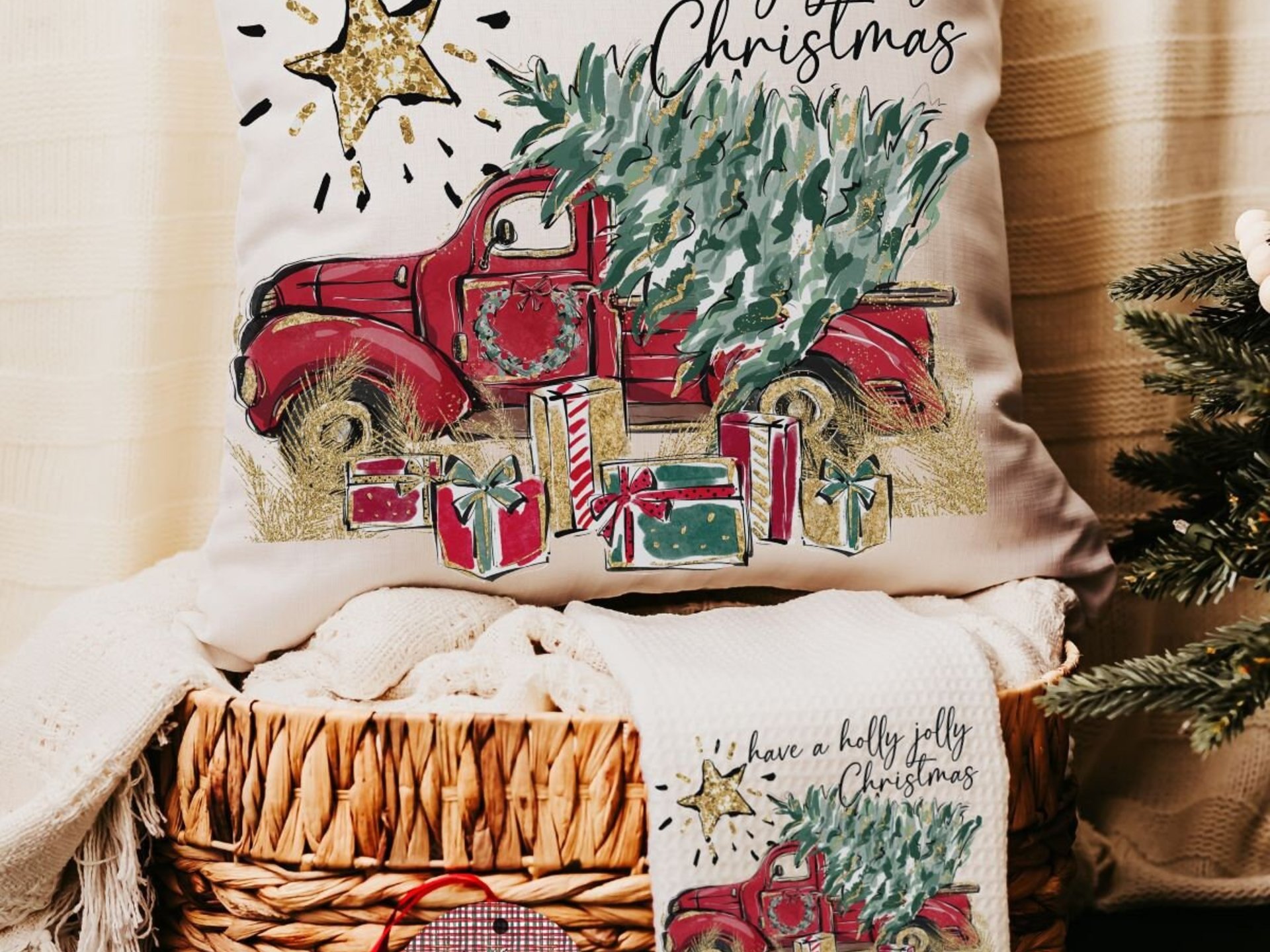 have a holly jolly Christmas throw pillows for couch with insert, farmhouse Christmas gift set for women, red truck Christmas ornaments wood