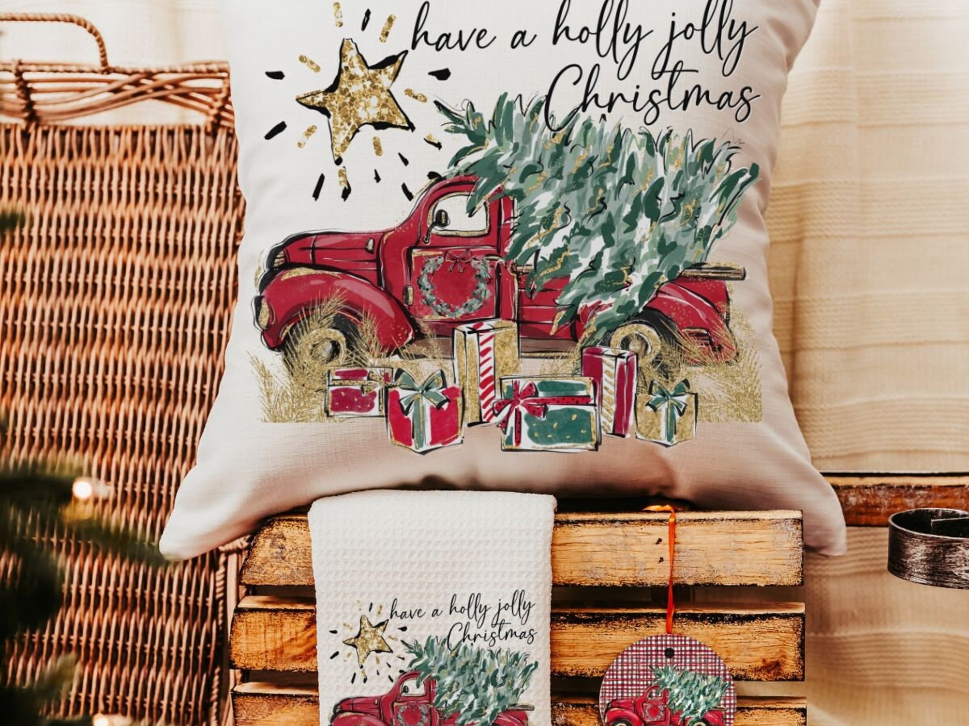 have a holly jolly Christmas throw pillows for couch with insert, farmhouse Christmas gift set for women, red truck Christmas ornaments wood