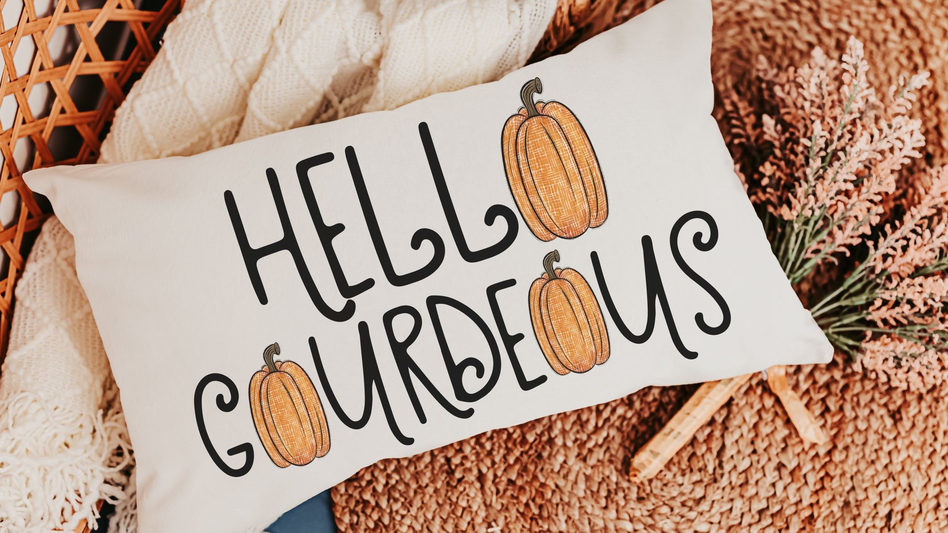hello gourdgeous funny throw pillows for sofa, fall decor for home pumpkin lumbar pillow cover 12x20, Thanksgiving hostess gifts for women,