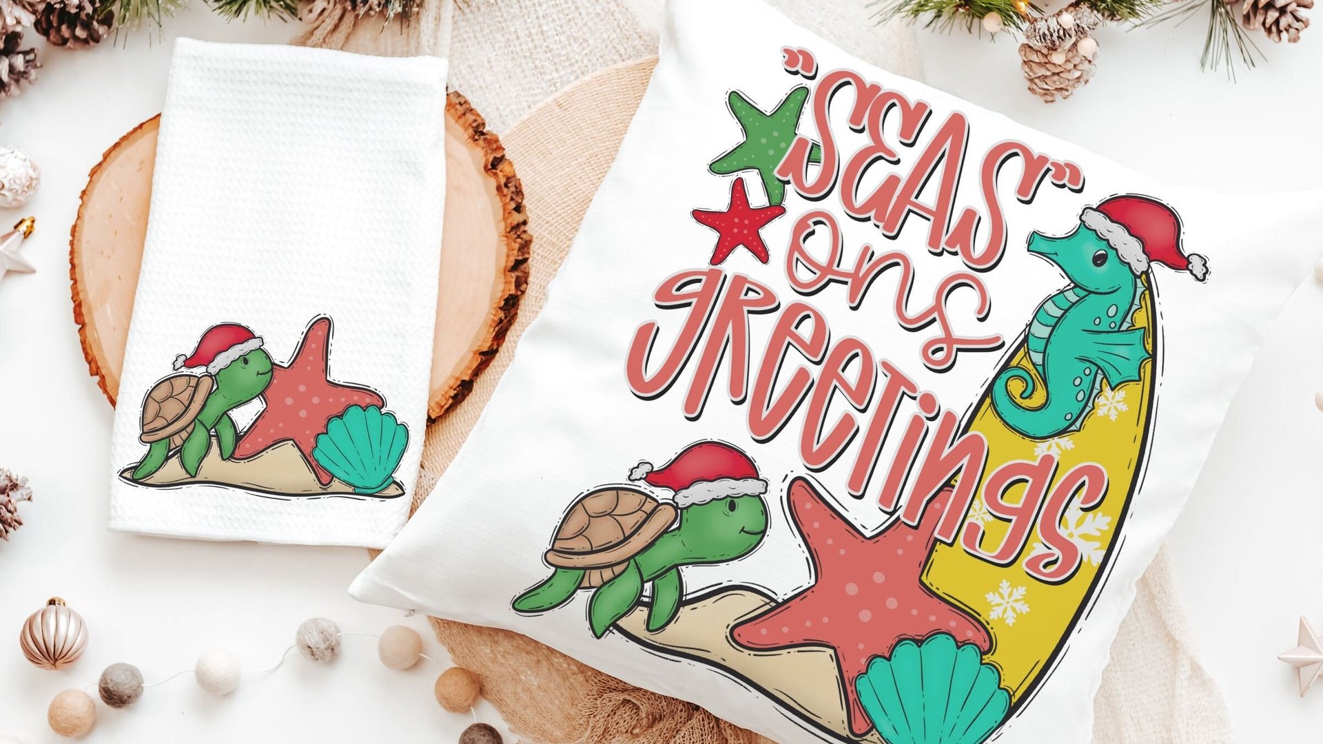 seasons greetings Christmas turtle decorative pillow covers tropical Christmas throw pillows for kids playroom, beach Christmas best sellers