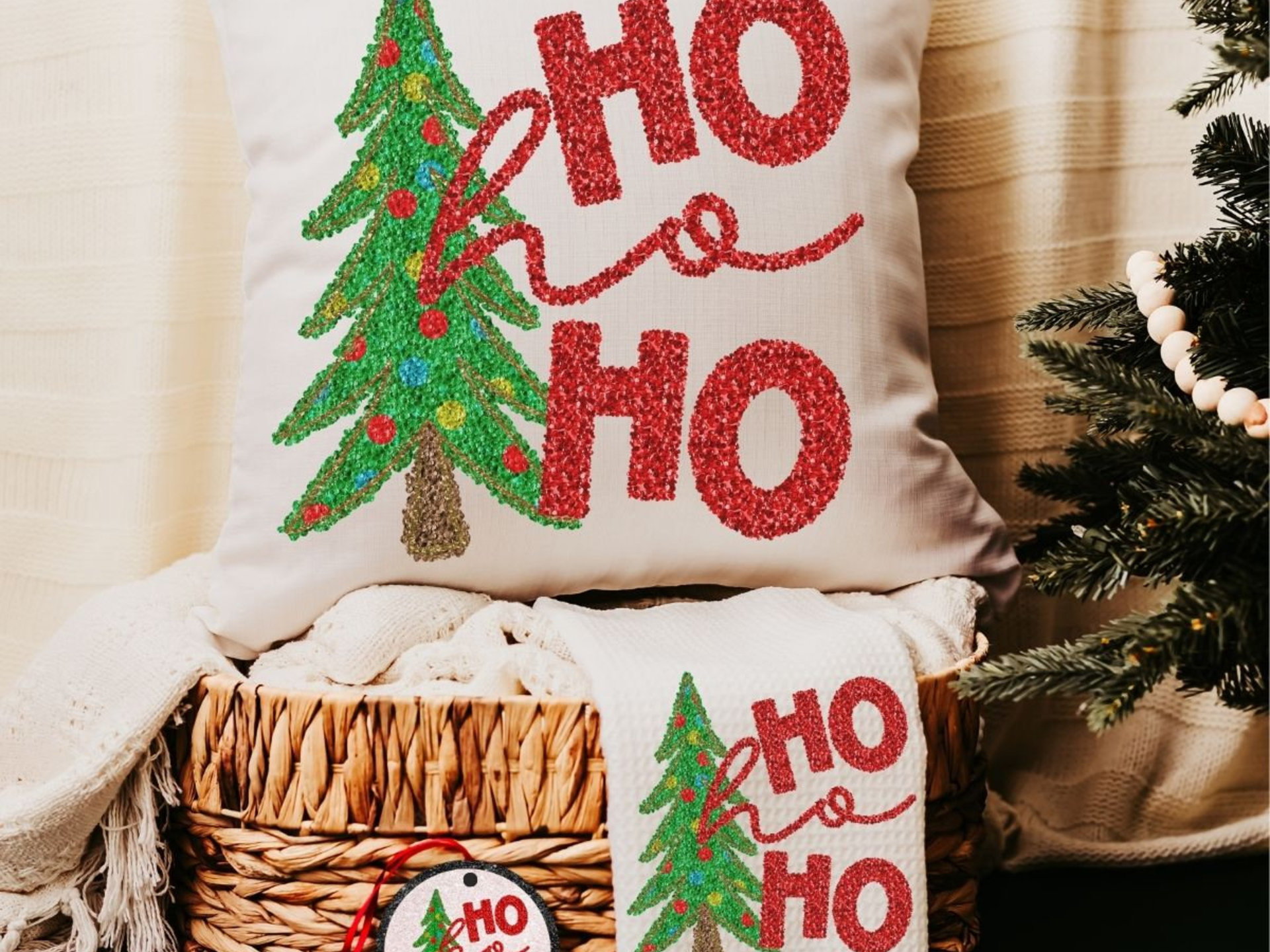ho ho ho Christmas tree throw pillow for sofa, Christmas housewarming gift set for women, faux sequin Christmas kitchen towels, secret Santa