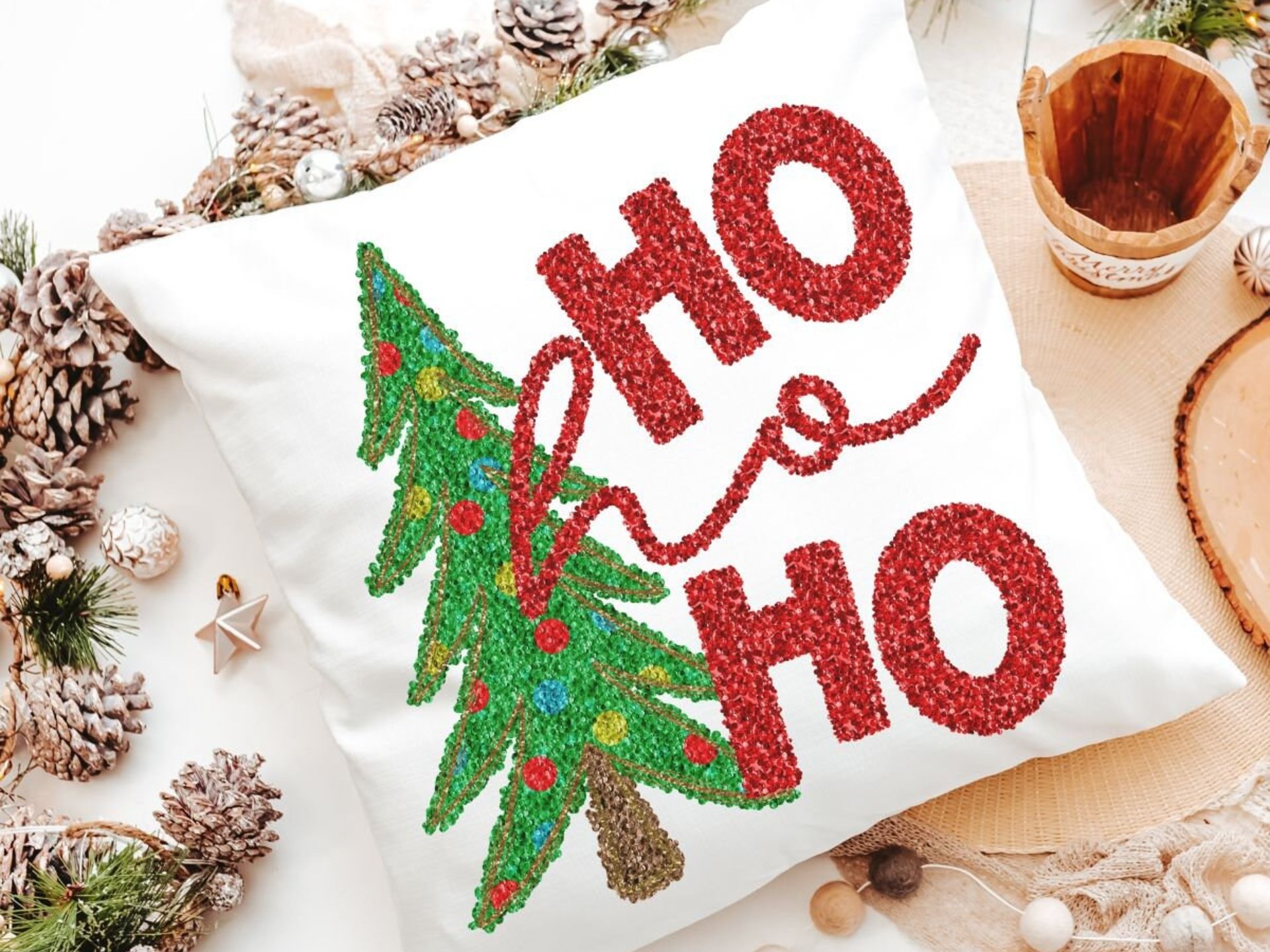 ho ho ho Christmas tree throw pillow for sofa, Christmas housewarming gift set for women, faux sequin Christmas kitchen towels, secret Santa