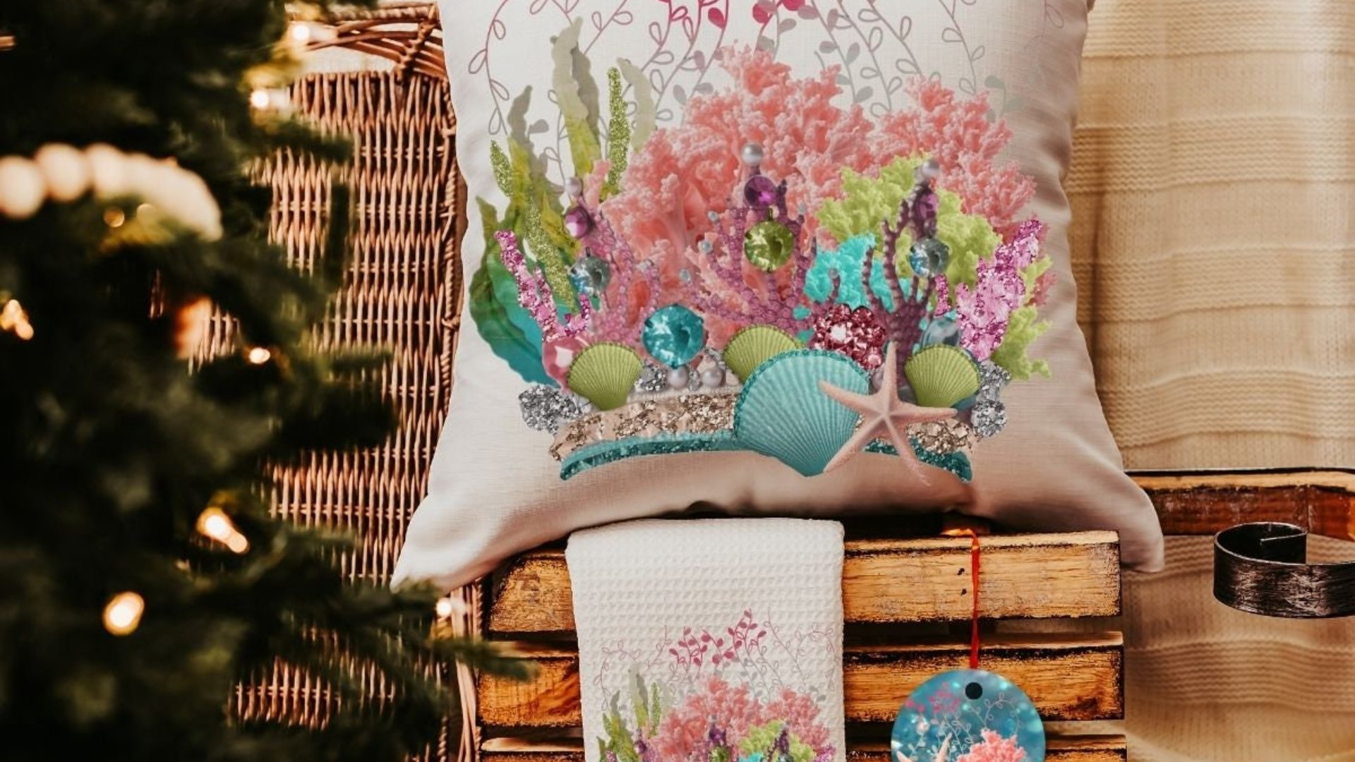 coastal Christmas ornaments for granddaughter, coral reef ornaments for girls, beach house hostess gift for women, housewarming gift set for